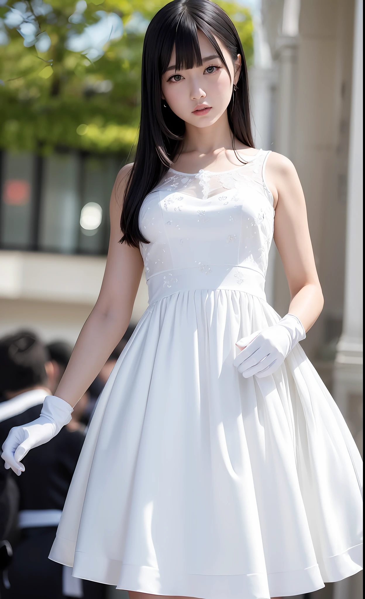 (photo realistic:1.55),(ulzzang-6500:0.65), masterpiece, best quality, detailed, blurry, depth_of_field, blurry_background, blurry_foreground, 1girl, gloves, white_gloves, dress, motion_blur, photo_\(medium\), solo, white_dress