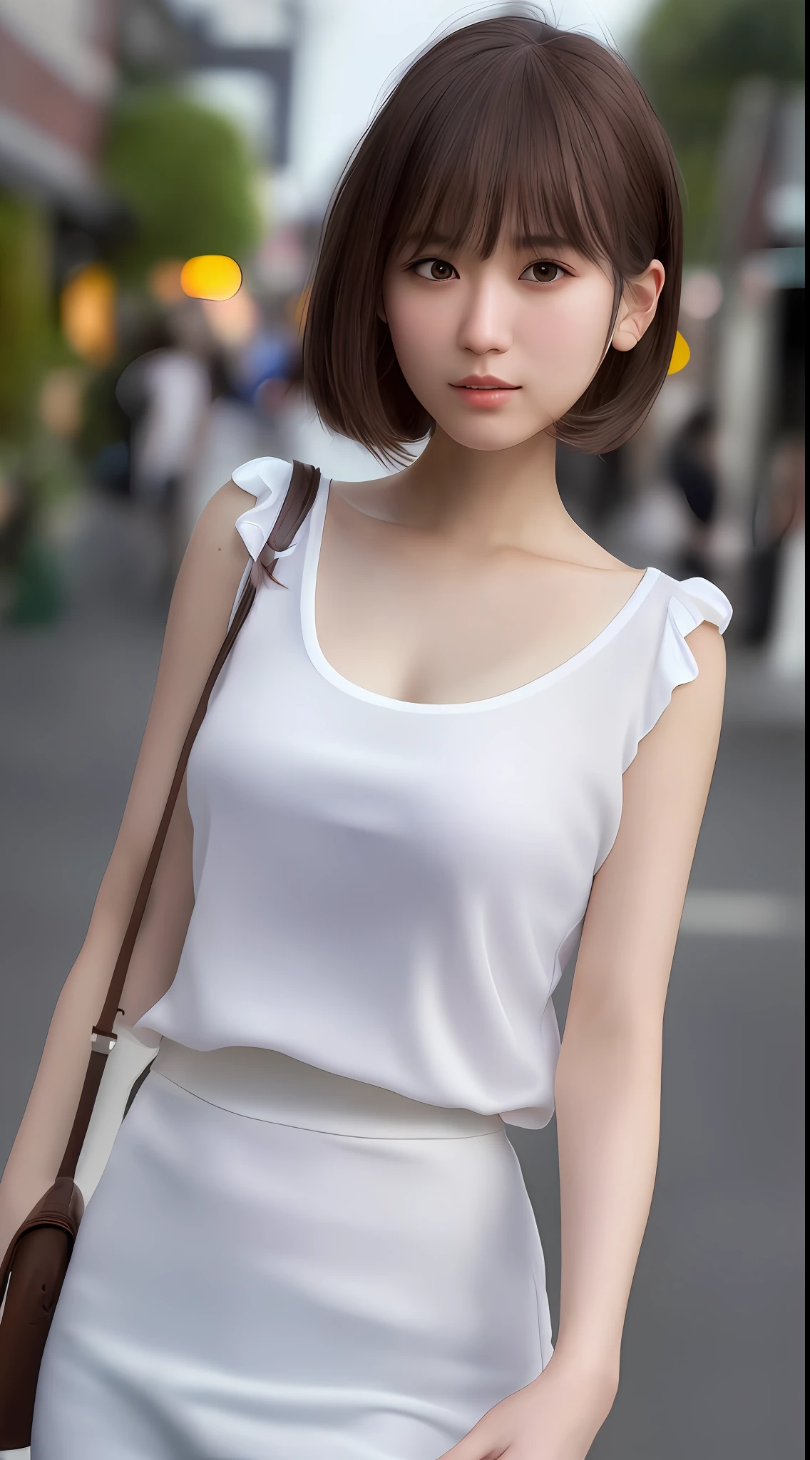 Best quality, super detail, masterpiece, fine detail, high resolution, portrait, 8k wallpaper, realistic details, clothing details, skin details, detailed eyes, photoshop \(medium\), slim body, 1 girl, Japan people, 30 years old, beautiful eyes, bare skin, well-formed face, bangs, blunt bangs, huge, (pleasant look), mouth open, close-up, white skin, medium hair, brown hair, Brown T-shirt, walking on the street, hard breasts, hair fluttering, ears visible, only the upper body visible, not visible from the waist up