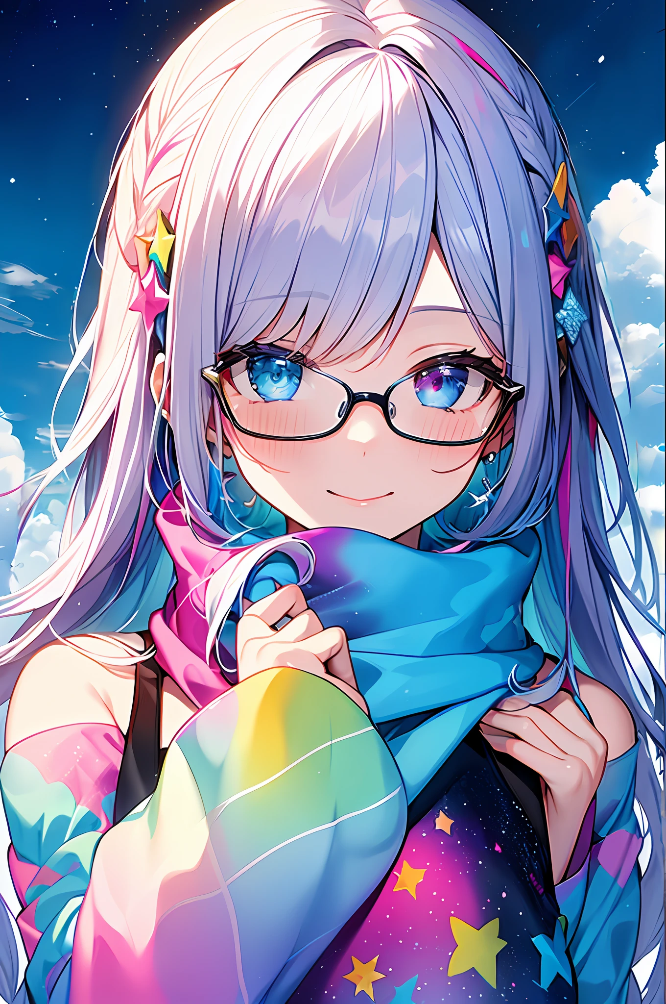 (Masterpiece, Top Quality, Best Quality, Watercolor (Medium), Official Art, Beautiful and Aesthetic: 1.2), (1 Girl: 1.3), (Fractal Art: 1.3), Upper Body, Sideways, Watching the Viewer, Pattern, (Iridescent Hair, Colorful Hair, Half Blue and Half Pink Hair: 1.2), Water, Liquid, Clouds, Colorful, Starry Sky, Stars, Smile, Glasses, Close Up, Heterochromia, (Colorful: 1.5)