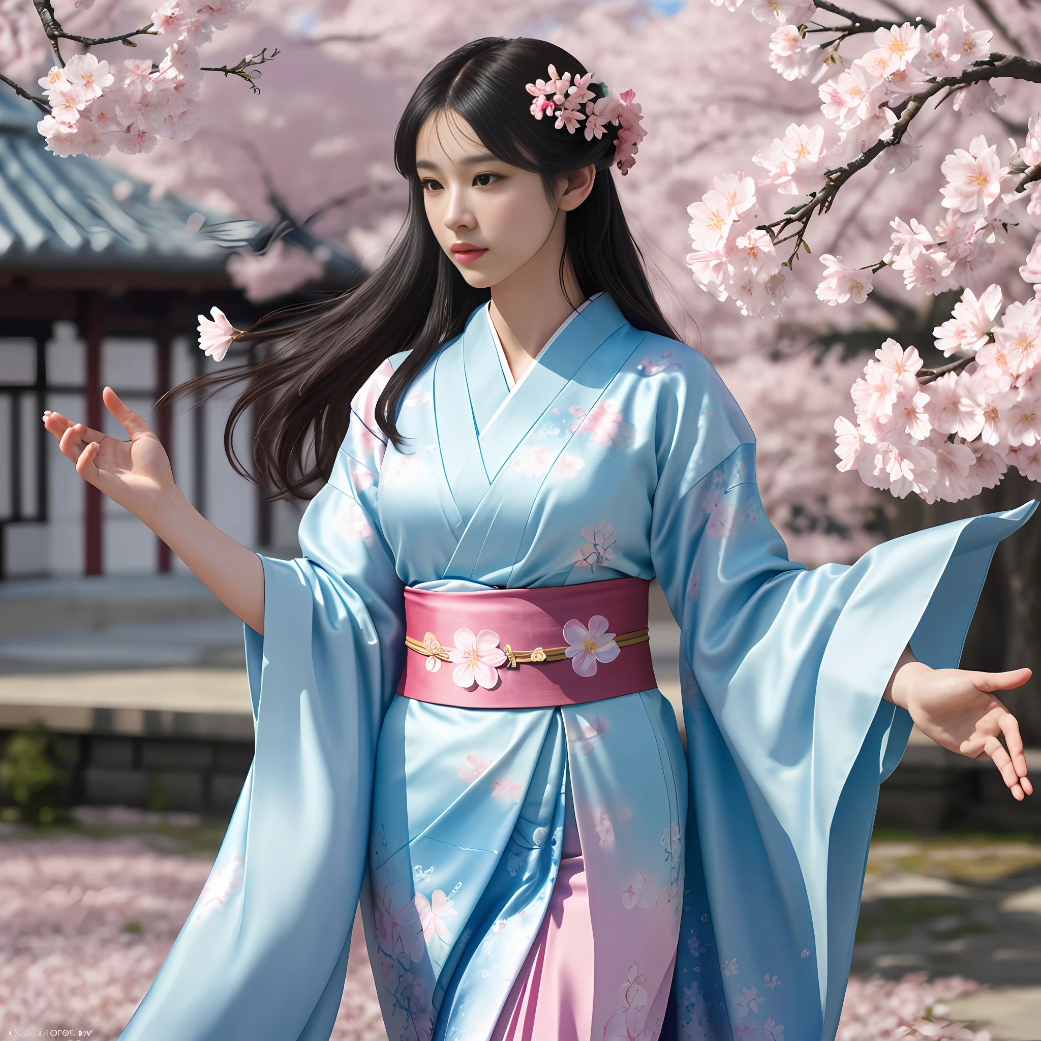 Super-realistic detailed watercolor painting of beautiful dancer, in silk Japanese Kimono, beautiful dancing, beautiful 18 years old, extremely detailed eyes, extremely detailed dark hair, detailed symmetric realistic face and body, extremely detailed natural texture, beautiful dance, under cherry blossom, petals and pink wind blowing, art 
 by Wlop, by Greg Rutkowski and Alphonse Mucha, ((wlop)), in frame, cinematic postprocessing, cinematic scene, cinematic composition, cinematic lighting , 16k, Super-realism, ray-tracing, overexporse, photographed by Sony α7 Ⅲ, f2, insanely detailed,