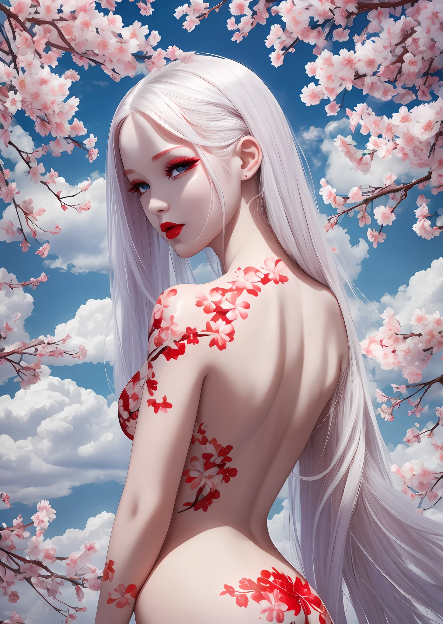 Very nice and beautiful albino beautiful girl, one, long lashes, red lips, face with a straight nose, bright sunlight, cherry blossom print body paint, clouds, back shot, --auto --s2