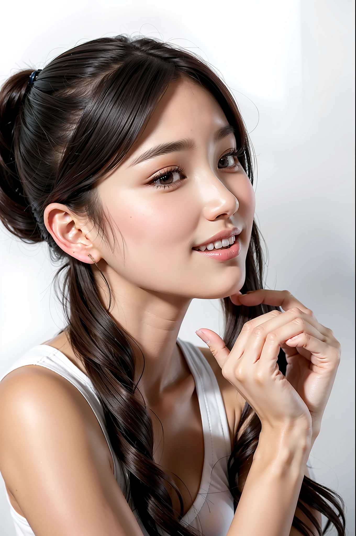 (side view:1.2) and 8k HD RAW high resolution photo and (face close-up:0.75) and A beautiful Ulzzang Korean idol puts her hand on one of her cheeks:1.2) and aegyo sal and Long Lashes and Mascara and (hands visible) and (masterpiece:1.2) and (best quality:1.2) and (photorealistic:1.4) and (Realistic:1.4) and Detailed Skin Textures and detailed skin pores and (detailed hands) and (Detailed 5 fingers) and (Detailed 5 finger nails:1.15) and She looks at the camera and smiles naturally and her hands didn't merge with her face and (White background:1.2) and (simple background:1.2)