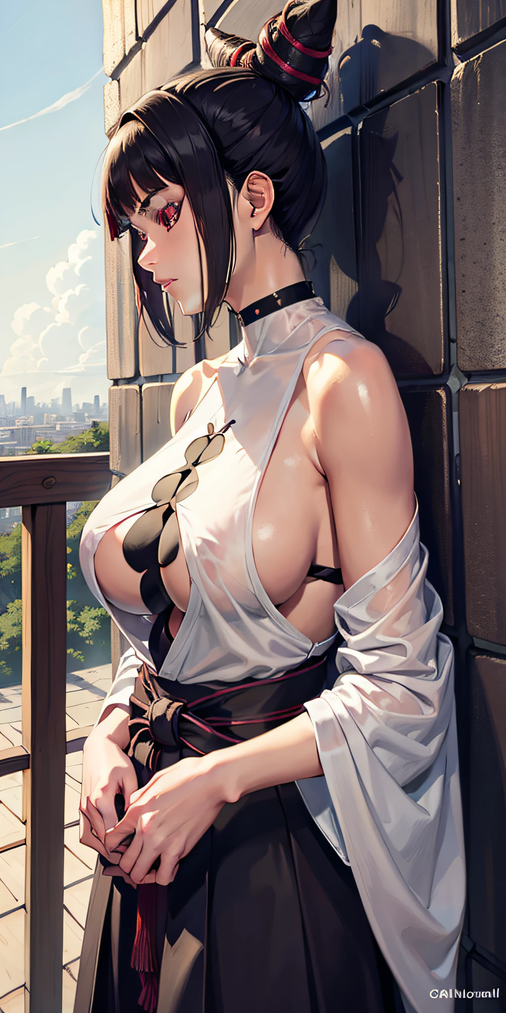 bare_shoulders, brown_eyes, detached_sleeves, hair_between_eyes, hair_ribbon, hakama, hakama_skirt,  long_hair, obi, railing, red_hakama, red_ribbon, ribbon,  veranda, Sagirin,
jewelry,  hands on chest, wet, soaked, see-through, looking at viewer,  hair ornament, choker, shy,
(masterpiece, top quality, best quality, official art, beautiful and aesthetic:1.2), (1 girl), extreme detailed,  colorful, highest detailed,
(huge breasts:1.2,) upper body, from below,  cameltoe, white panties,
city,street,  sun, cloud, wall, leaning,