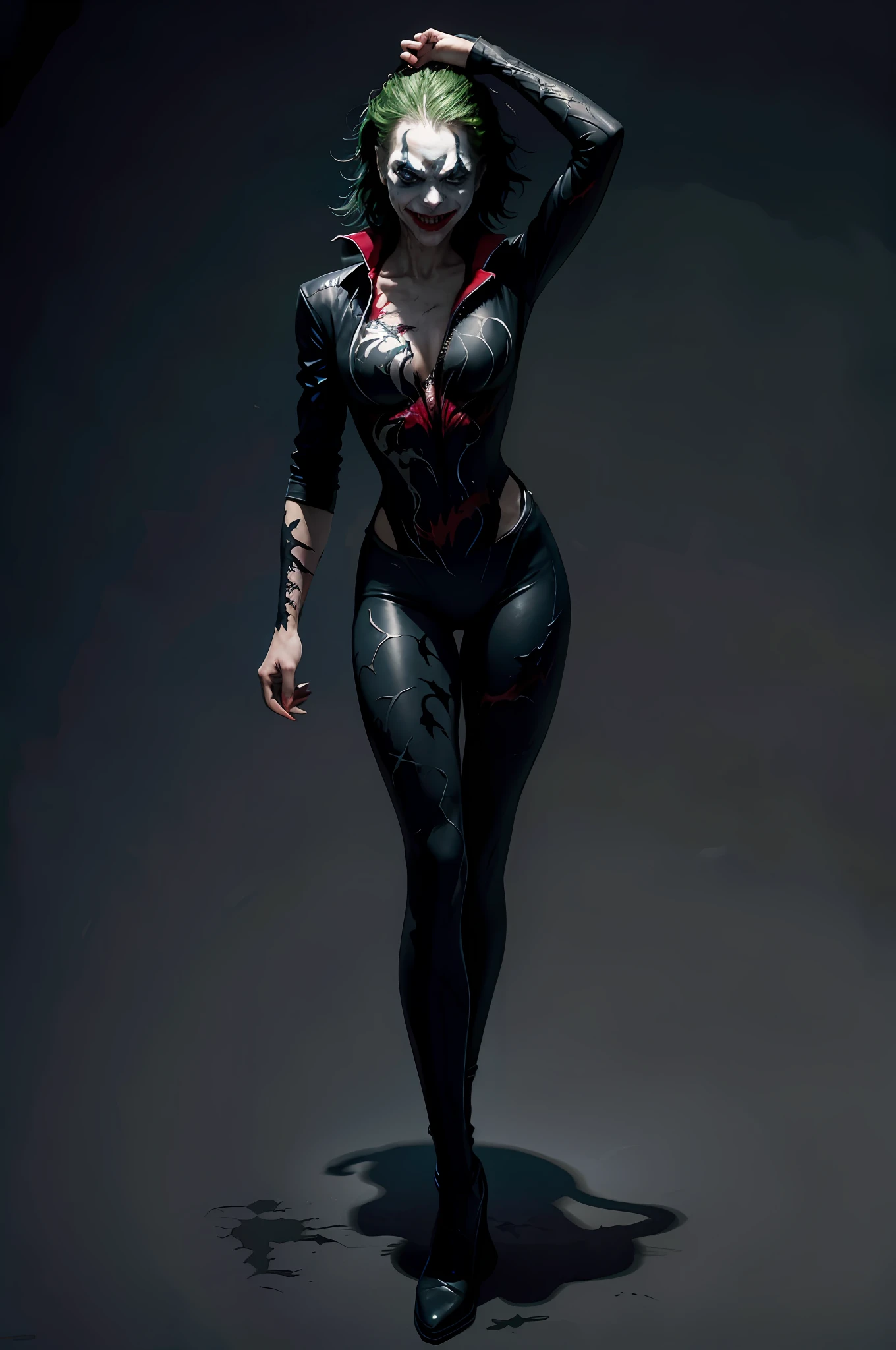 (Joker) as (Venom:1.2), Official Art, Unity 8k wallpaper, ultra detailed, aesthetics, masterpiece, best quality, realistic, dark theme Crazy smile, waist up