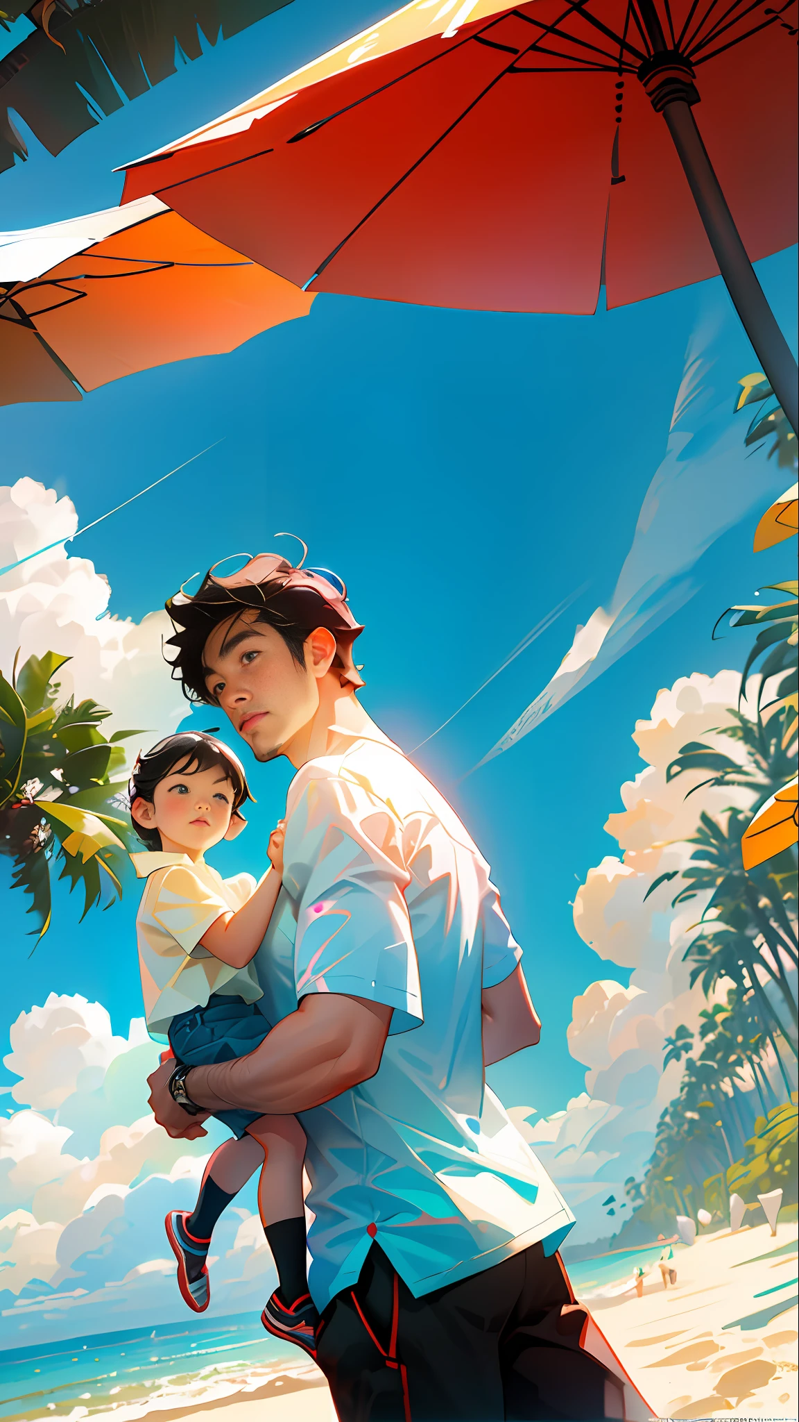 Middle-aged father holding child, Chinese, middle-aged father and son, back two people, shirt, seaside, sunny, blue sky and white clouds, sand, coconut trees, deep black hair, back to the audience, colorful, highly saturated, contour light, warm and bright, colorful, HD 8K, virtual engine. --v6
