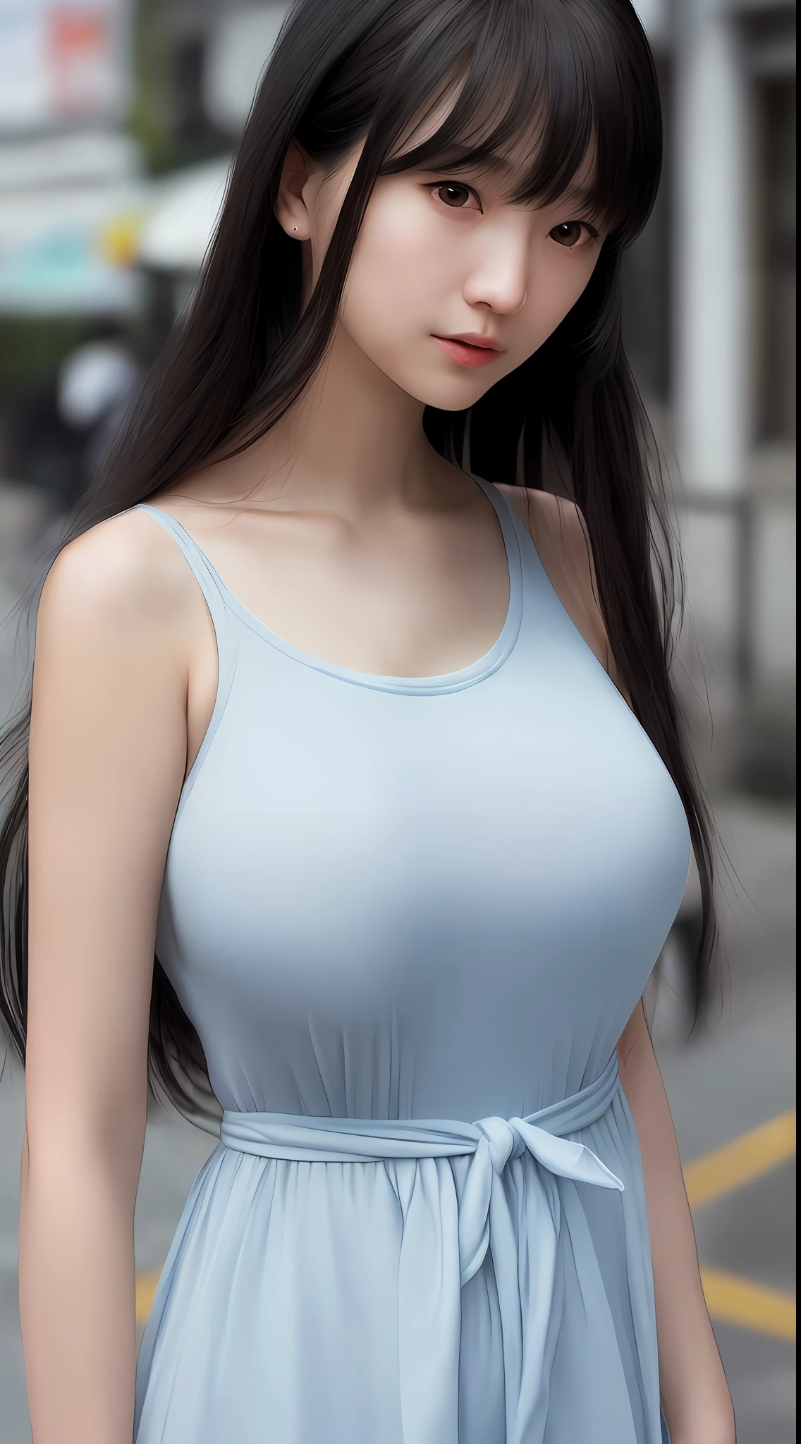 Best quality, super detail, masterpiece, fine detail, high resolution, portrait, 8k wallpaper, realistic details, clothing details, skin details, detailed eyes, photoshop \ (medium \), slim body, 1 girl, Japan people, 30 years old, beautiful eyes, bare skin, well-formed face, bangs, blunt bangs, huge, (pleasant look), mouth open, close-up, white skin, long hair, black hair, light blue shirt, Walking on the street, hard breasts, hair fluttering, ears visible, only the upper body visible, not visible from the waist up
