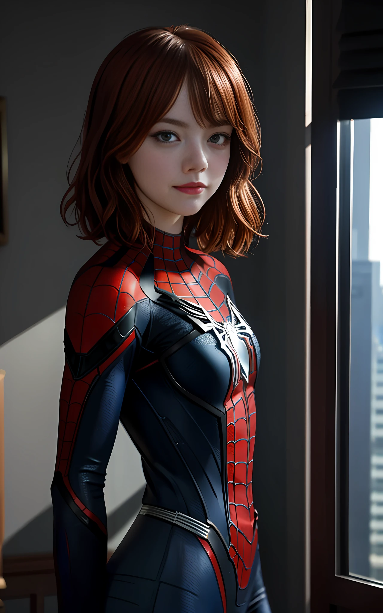 Emma Stone in a spider-man suit, Best quality, masterpiece, an extremely delicate and beautiful, extremely detailed, CG, unity ,2k wallpaper, Amazing, finely detail, light smile, highly detailed CG unity 8k wallpaper, large file size, ultra-detailed, high resolution, highly detailed, 1 girl, slim body, looking at the viewer, sharp focus, face close-up.