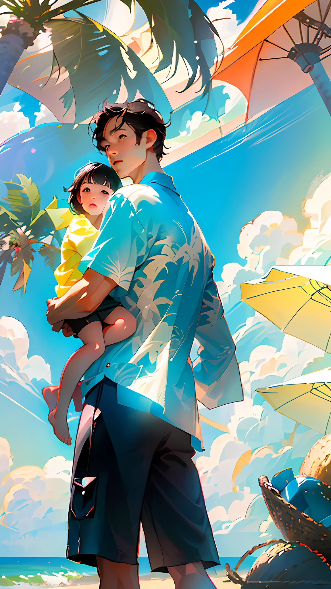 Middle-aged father holding child, ((back), two people, shirt, Asian, black hair, seaside, sunny, blue sky and white clouds, sand, coconut palm, colorful, highly saturated, contour light, warm and bright, colorful, HD 8K, virtual engine --v6
