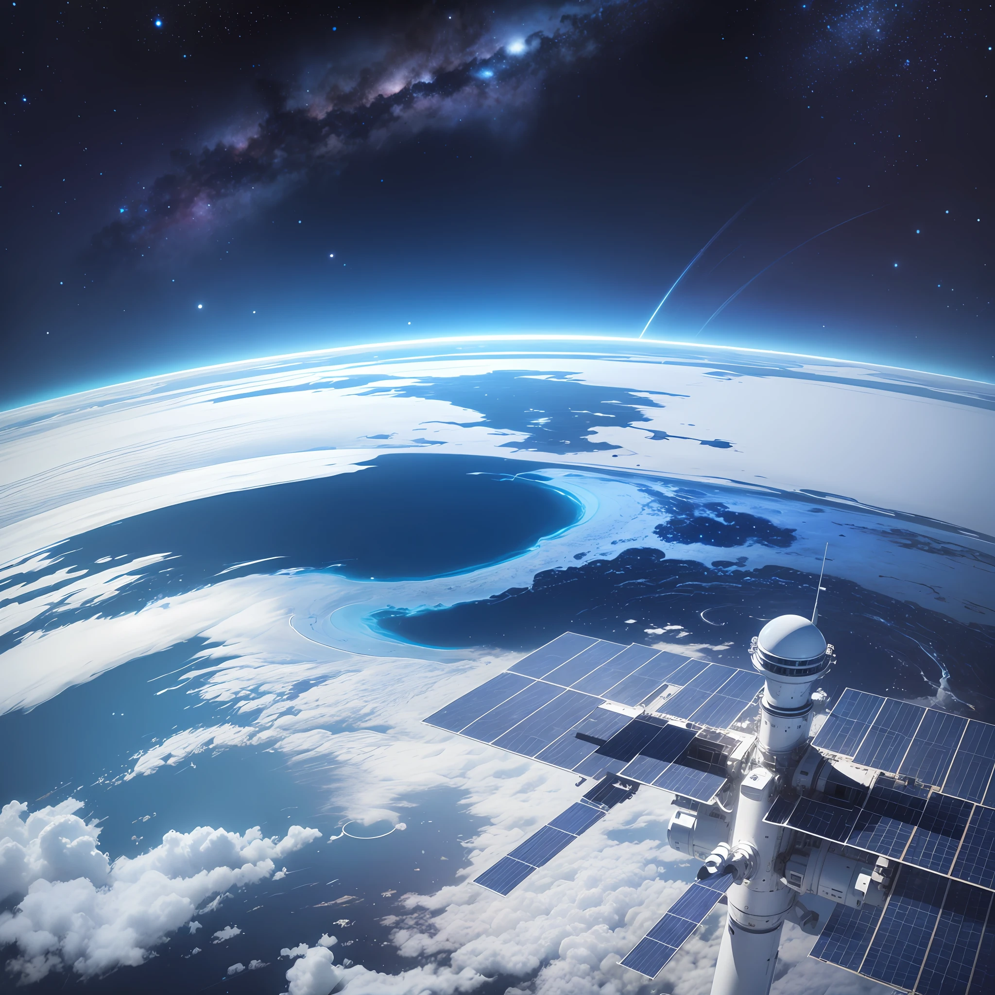 8K, close-up vast outer space, vista space station, white, blue color scheme,