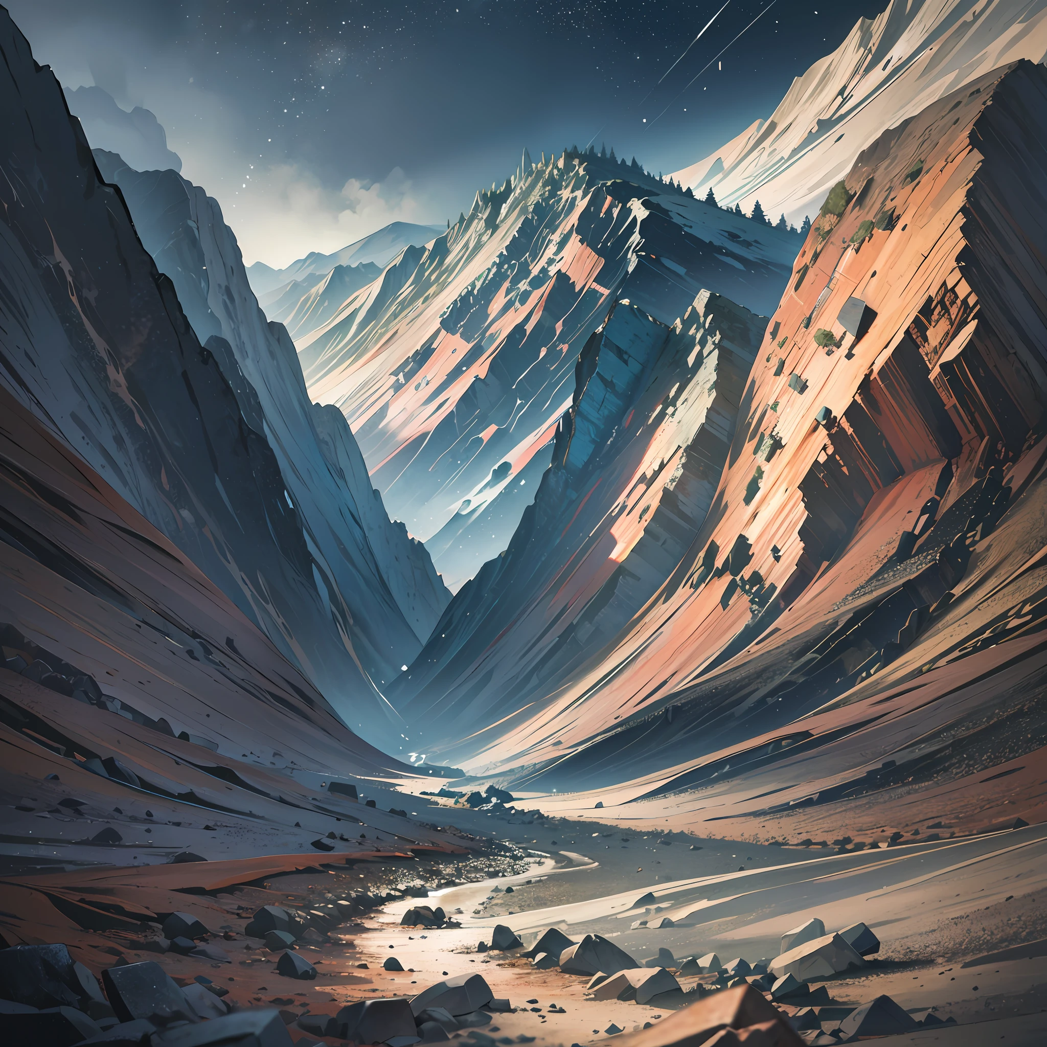 A scene of landslides and ground cracks. The picture shows the mountain collapsing, the rock shattering, and the land tumbling. This is a very powerful scene that may represent the fury and power of nature. The colors of the picture can be deep and intense, creating an atmosphere of danger and tension.