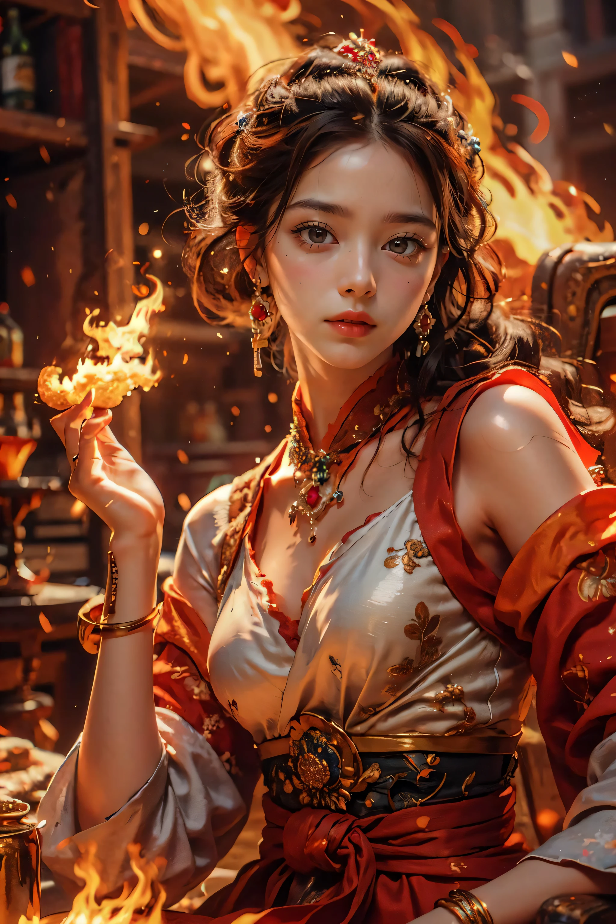 Best quality,masterpiece,ultra high res,(photorealistic:1.4)1girl,beautiful_face,detailed skin,full body,yuhuoshu,jewelry,solo,earrings,(fire:1.3),blurry,realistic,lips,