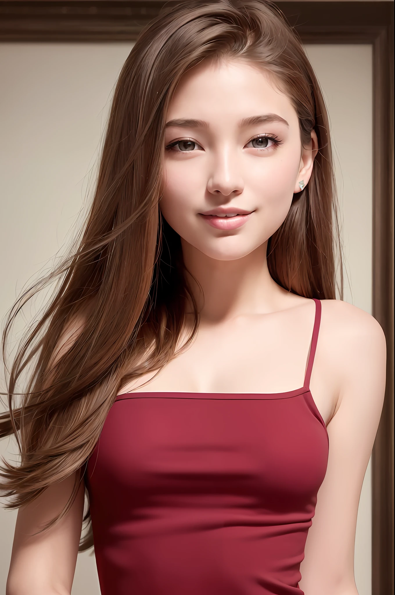 (8K, Best Quality, Masterpiece: 1.2), (Realistic, Photorealistic: 1.37), Super Detail, 1 Girl, Cute, Solo, (Redness of the Nose), (Smile: 1.15), (Mouth Closed) Small, Beautiful Eyes, (Long Hair: 1.2), Floating Hair Novafrog style, slim upper body,
