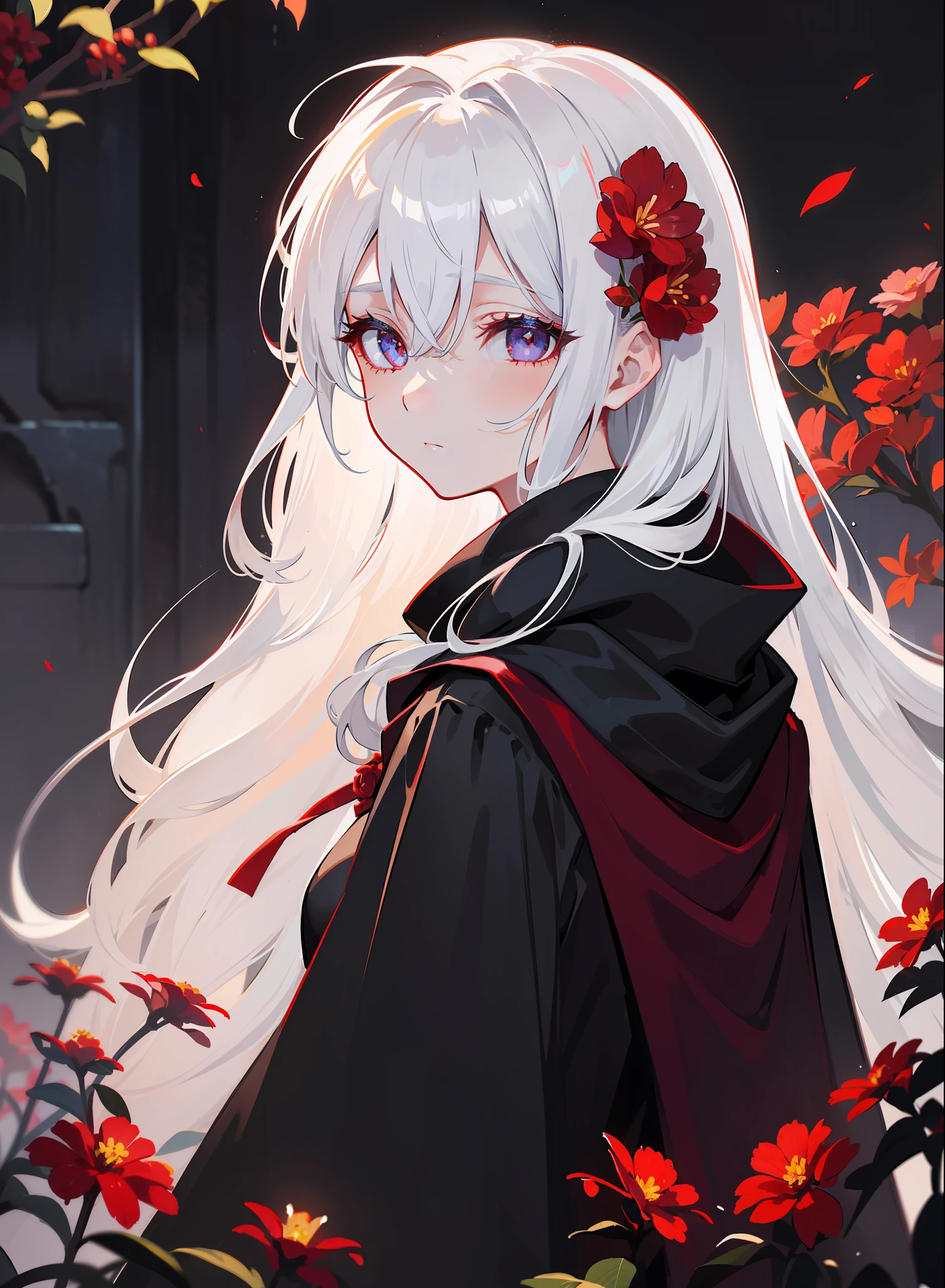 1girl,solo,1girl,solo,((beautiful detailed eyes)), (detailed light),depth of field,(white hair),silver eyes,hair over one eye,(red flower ), hair flower,long hair,black cloak,wet,emotionless,looking back,night,starfall,raining,fog,red flowers falling,sketch,upper body,intense shadows,