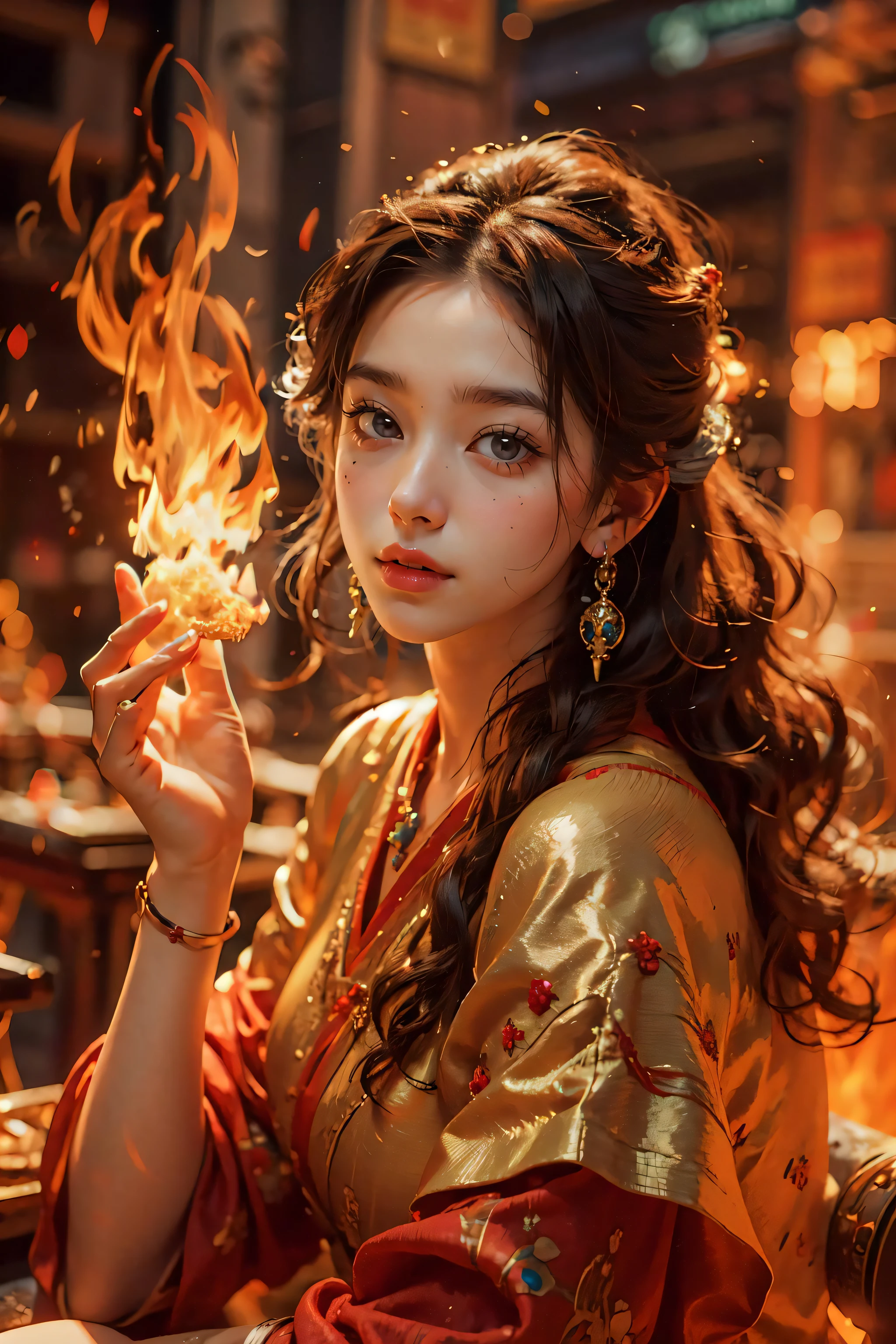Best quality,masterpiece,ultra high res,(photorealistic:1.4)1girl,beautiful_face,detailed skin,full body,yuhuoshu,jewelry,solo,earrings,(fire:1.3),blurry,realistic,lips,