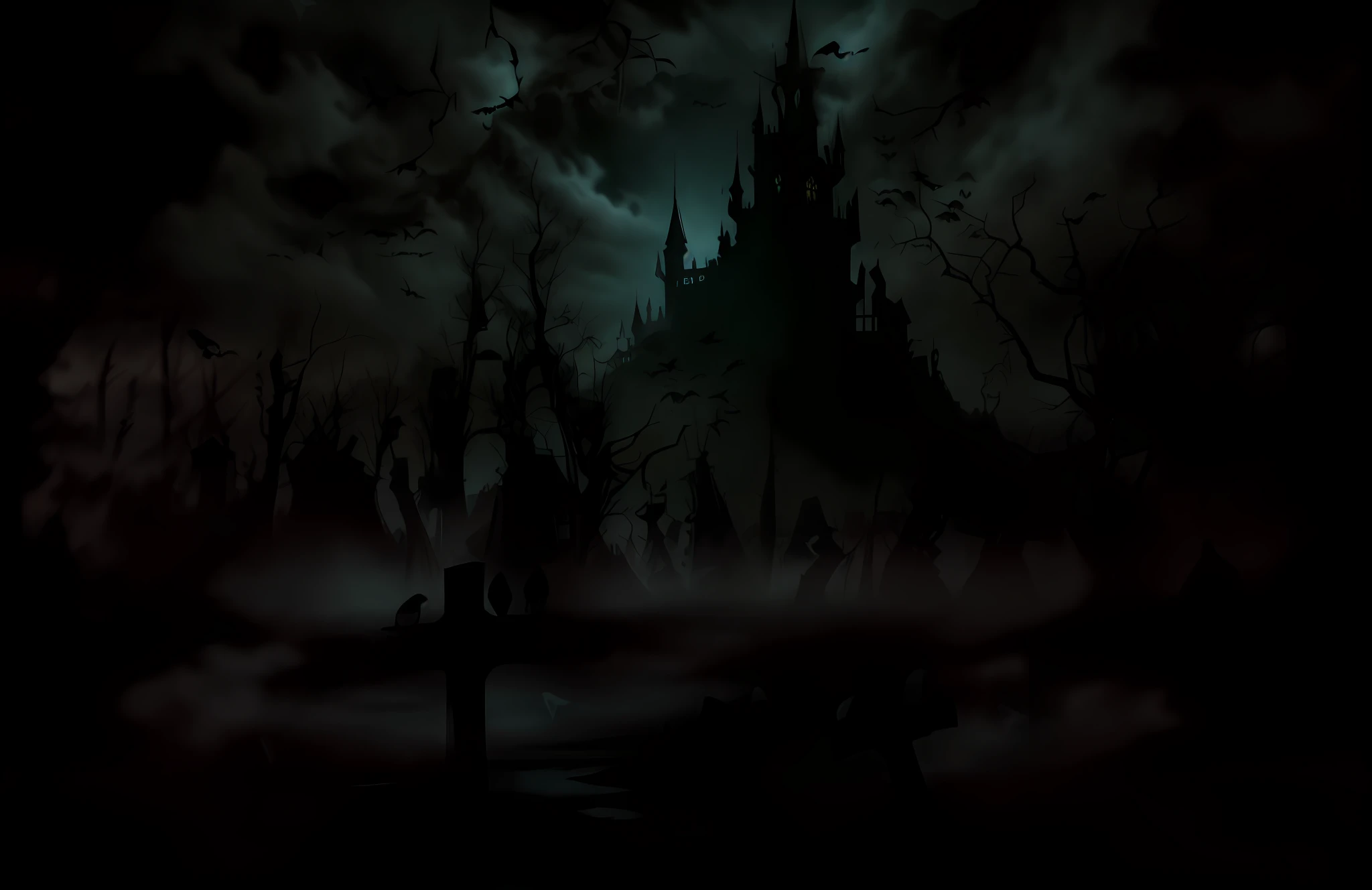 there are many people walking in the dark with bats flying around, graveyard landscape at night, dark graveyard scene, foggy dark graveyard, graveyard background, spooky halloween night, graveyard landscape, scary magical background, dark nature background, foreboding background, haunted background, creepy background, dark fantasy background, gothic background, eerie dark atmosphere, beautiful dark creepy landscape, halloween scene, GothicPunkAI