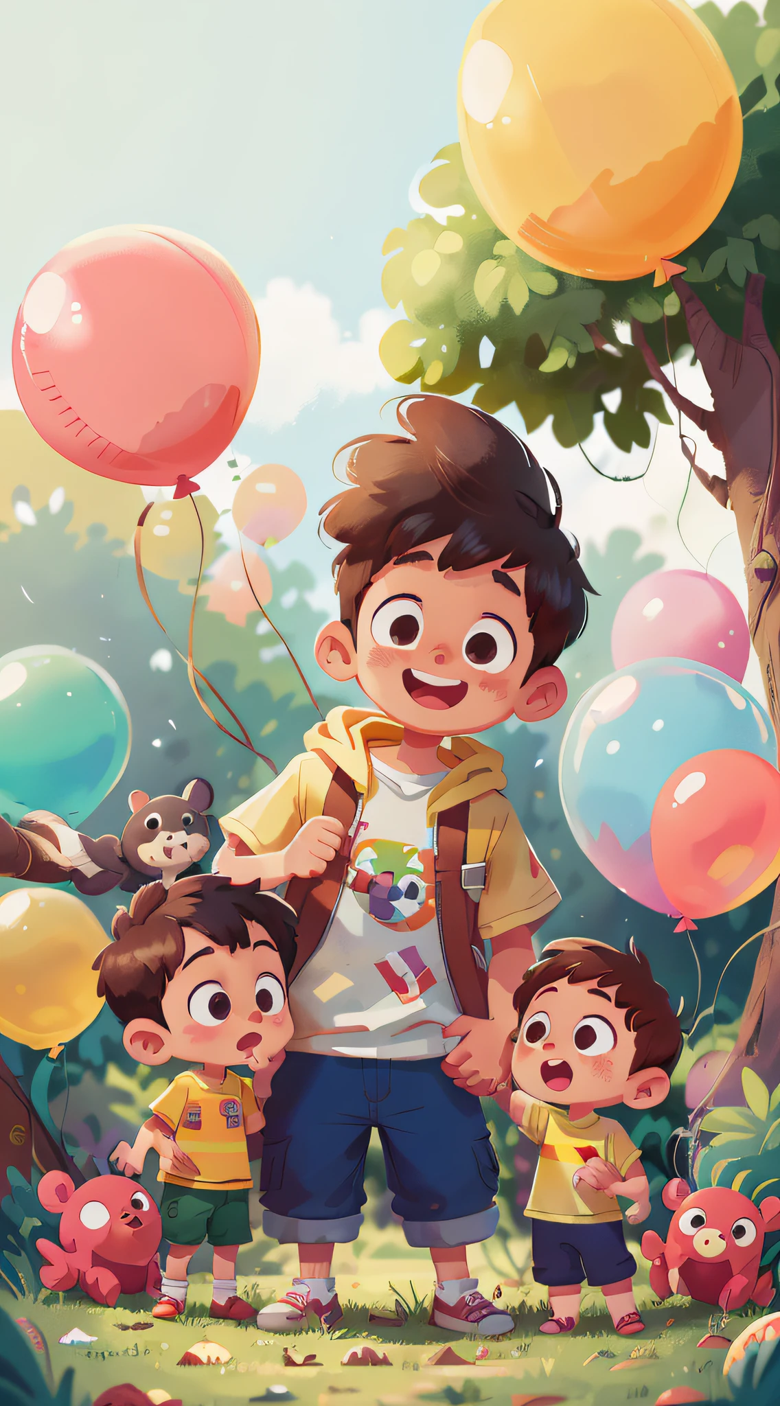 A boy, zoo, many balloons, happy, happy, perfect quality, clear focus (clutter - home: 0.8), (masterpiece: 1.2) (realistic: 1.2) (bokeh) (best quality) (detailed skin: 1.3) (complex details) (8K) (detail eyes) (sharp focus), (happy) full body, two children, clean background, long view composition, 85MM SHOT