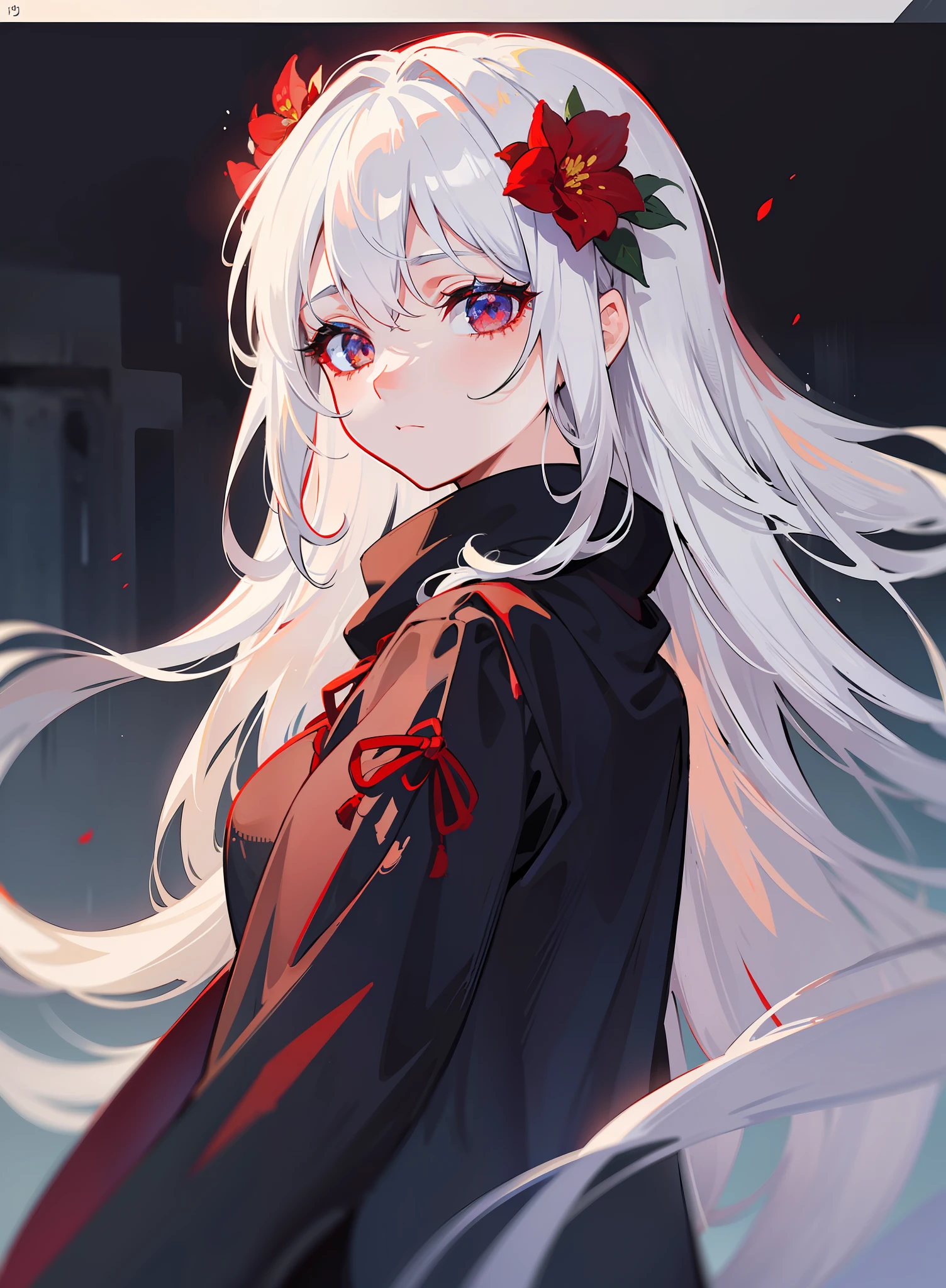 1girl,solo,1girl,solo,((beautiful detailed eyes)), (detailed light),depth of field,(white hair),silver eyes,hair over one eye,(red flower ), hair flower,long hair,black cloak,wet,emotionless,looking back,night,starfall,raining,fog,red flowers falling,sketch,upper body,intense shadows,