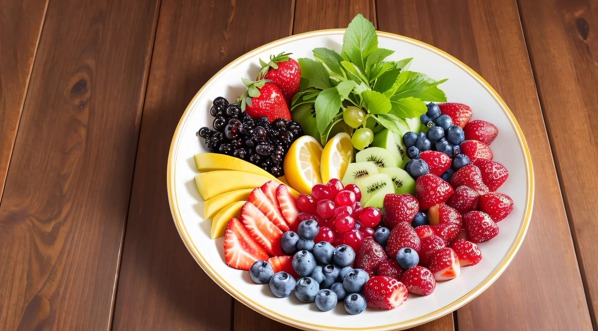 Comprehensive fruit platter: Combine various fruits, such as strawberries, blueberries, bananas, mangoes, grapes, etc., to form a colorful platter, giving people a feeling of freshness and health.