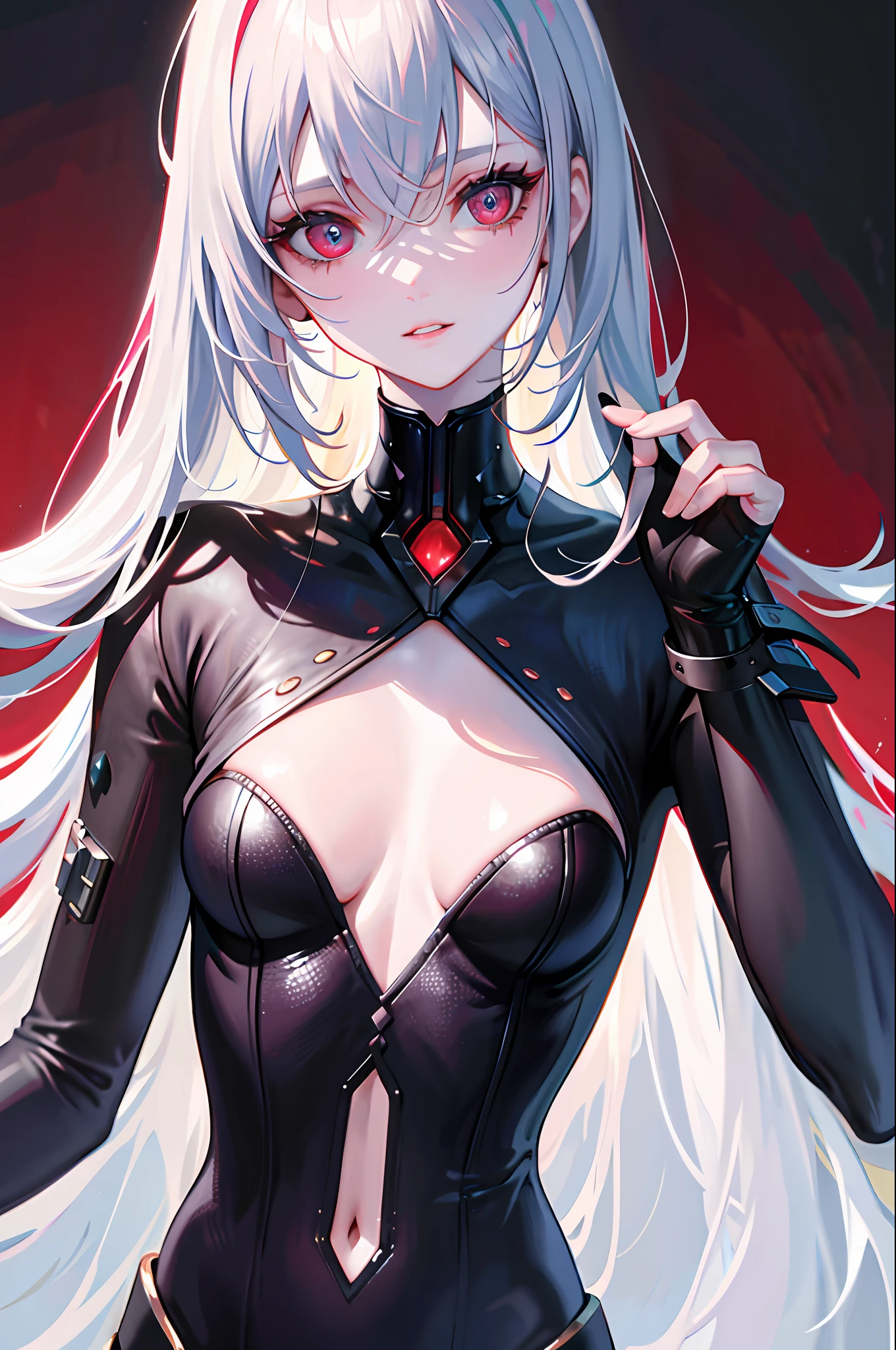 (masterpiece, sidelighting, finely detailed beautiful eyes: 1.2), (masterpiece*portrait), realistic, 3d face, lusious skin, ((solo)), perfect face, (close-up of face), scarlet eyes, hanging eye corners, head and neck length 2 to 1, ((High detail skin, visible pores)), slender body, beautiful cyberpunk girl, small breasts, cyberpunk bodysuit, thigh root