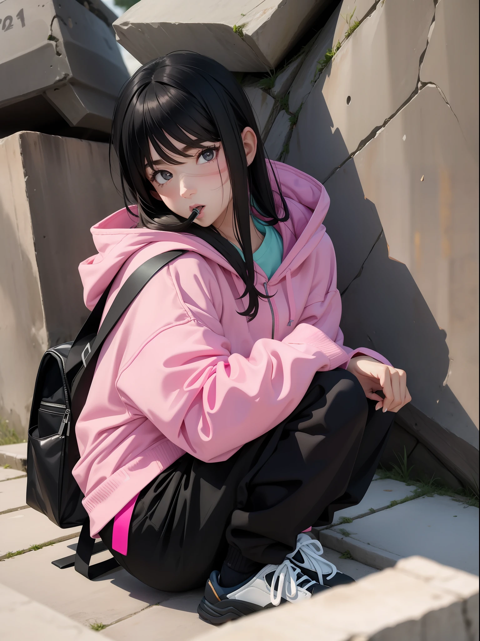 1girl, chica en cuclillas,eating a piece of food on a rock wall, wearing japanese technical clothes, with a backpack, wearing a pastel pink hoodie, she is wearing street clothes, japanese urban clothes, photograph of a woman, anime girl is crouching, wearing a pink hoodie, male ulzzang, hiking clothes, excelente anatomía