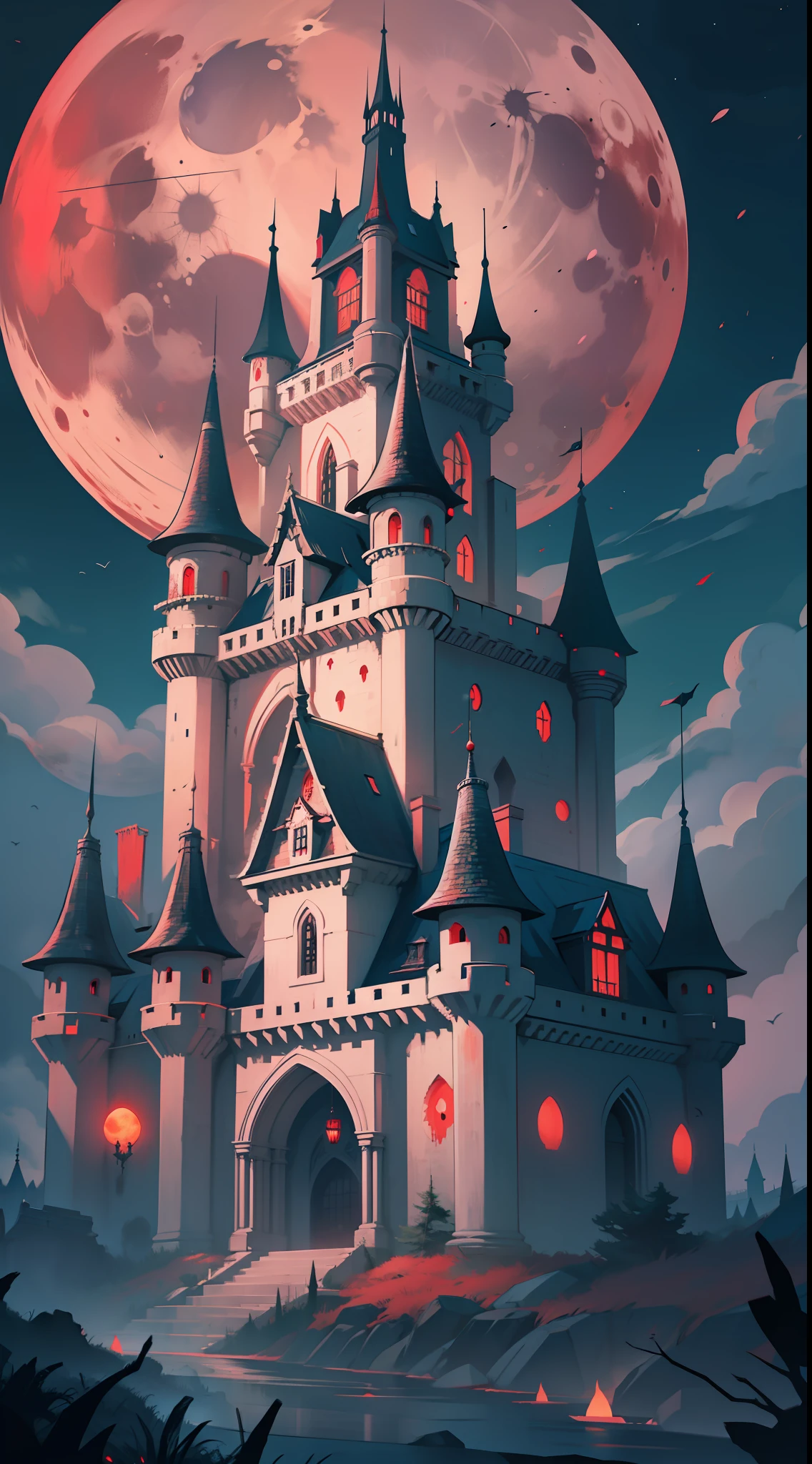 (medium-quality horror castle),(night,horror),(red moon)
