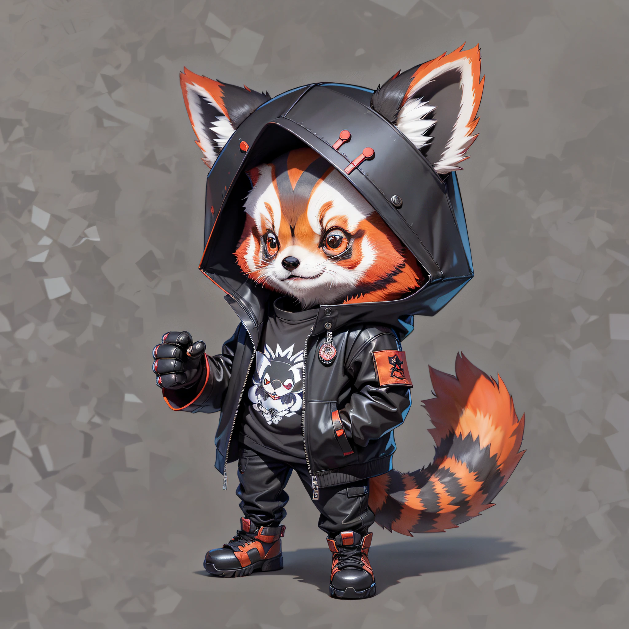 anthropomorphic character Red Panda, with black jacket, metalhead, bad boy, cute, cute, short, kawaii, 2D drawing
