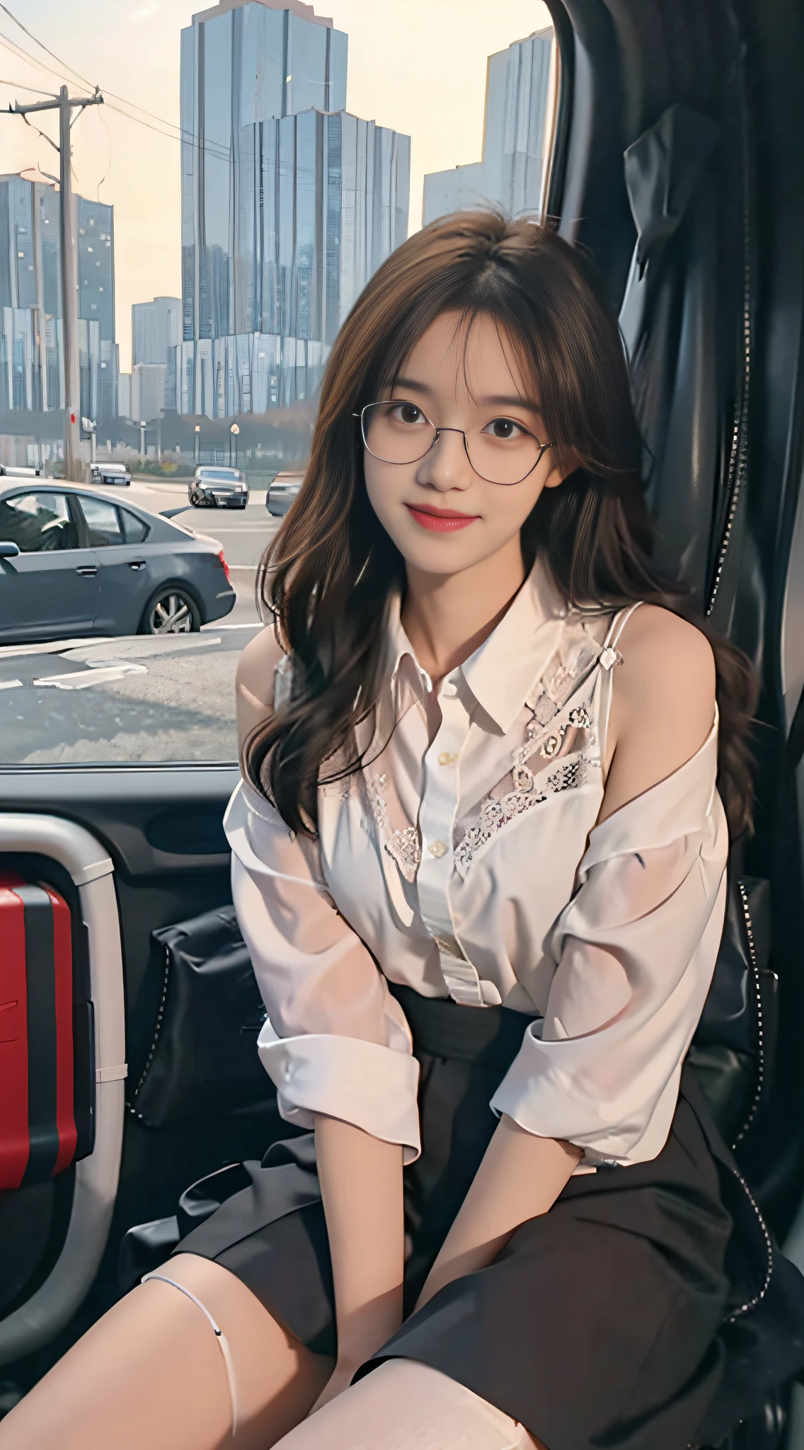 (8k, best quality, mastering: 1.2), (realistic, photorealistic: 1.37), super detailed, 1 girl with glasses, looking at the audience, cute, beautiful detailed sky, sitting at the table for afternoon tea, full body, (smile: 1.15), shut up, middle chest, beautiful delicate eyes, (collared shirt: 1.1), daytime, sunshine, white lace, (long hair: 1.4), shoulder-length hair, silver hair, uniform, white skin, movie light, street light, (sexiest actress: 1.4), Full body photo, (coffee table:1), (Handbag: 1), Urzan-6500-v1.1:0.3, Karinak-4501-6300:1.2, long legs, stockings, barefoot