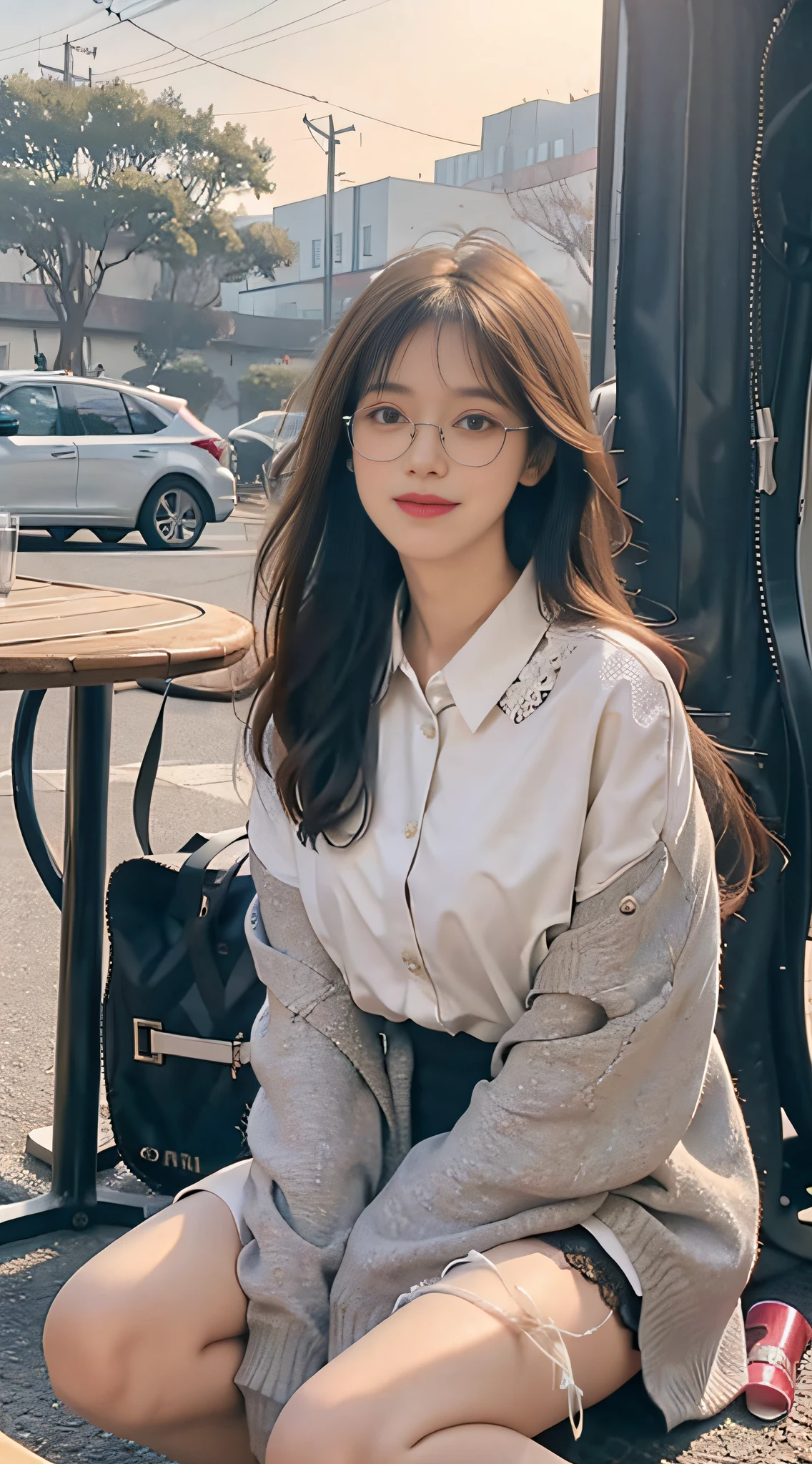 (8k, best quality, mastering: 1.2), (realistic, photorealistic: 1.37), super detailed, 1 girl with glasses, looking at the audience, cute, beautiful detailed sky, sitting at the table for afternoon tea, full body, (smile: 1.15), shut up, middle chest, beautiful delicate eyes, (collared shirt: 1.1), daytime, sunshine, white lace, (long hair: 1.4), shoulder-length hair, silver hair, uniform, white skin, movie light, street light, (sexiest actress: 1.4), Full body photo, (coffee table:1), (Handbag: 1), Urzan-6500-v1.1:0.3, Karinak-4501-6300:1.2, long legs, stockings, barefoot