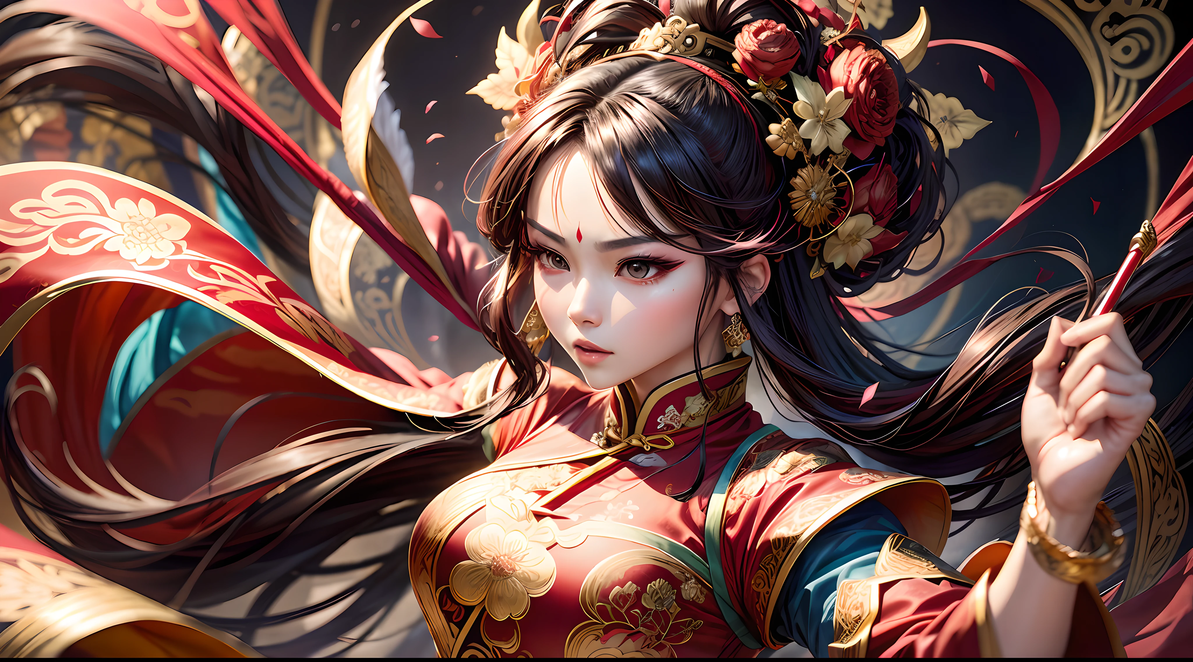 In the world of anime, a mesmerizing Chinese swordswoman comes to life with vibrant colors and vivid color blends. With a swift and determined motion, she dashes forward, her dynamic pose captivating the viewer's attention. Her flowing hair, adorned with delicate ornaments, adds a touch of elegance to her fierce demeanor. She wears an intricately designed traditional Chinese costume, vibrant in hues of crimson and gold, adorned with intricate embroidery and ornate patterns. The background is a fusion of energetic brushstrokes, blending vibrant colors to create a sense of movement and dynamism. Camera shot: close-up, Camera lens: sharp focus, Lighting: bold and vibrant, vivid color blend
