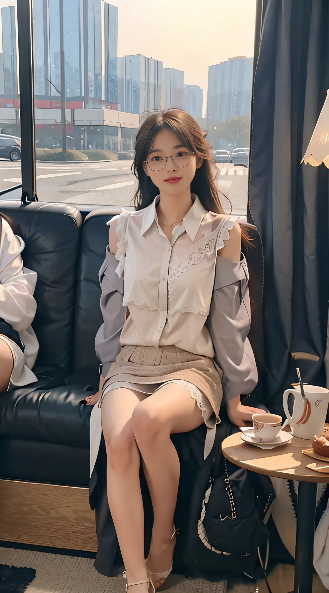(8k, best quality, mastering: 1.2), (realistic, photorealistic: 1.37), super detailed, 1 girl with glasses, looking at the audience, cute, beautiful detailed sky, sitting at the table for afternoon tea, full body, (smile: 1.15), shut up, middle chest, beautiful delicate eyes, (collared shirt: 1.1), daytime, sunshine, white lace, (long hair: 1.4), shoulder-length hair, silver hair, uniform, white skin, movie light, street light, (sexiest actress: 1.4), Full body photo, (coffee table:1), (Handbag: 1), Urzan-6500-v1.1:0.3, Karinak-4501-6300:1.2, long legs, stockings, barefoot
