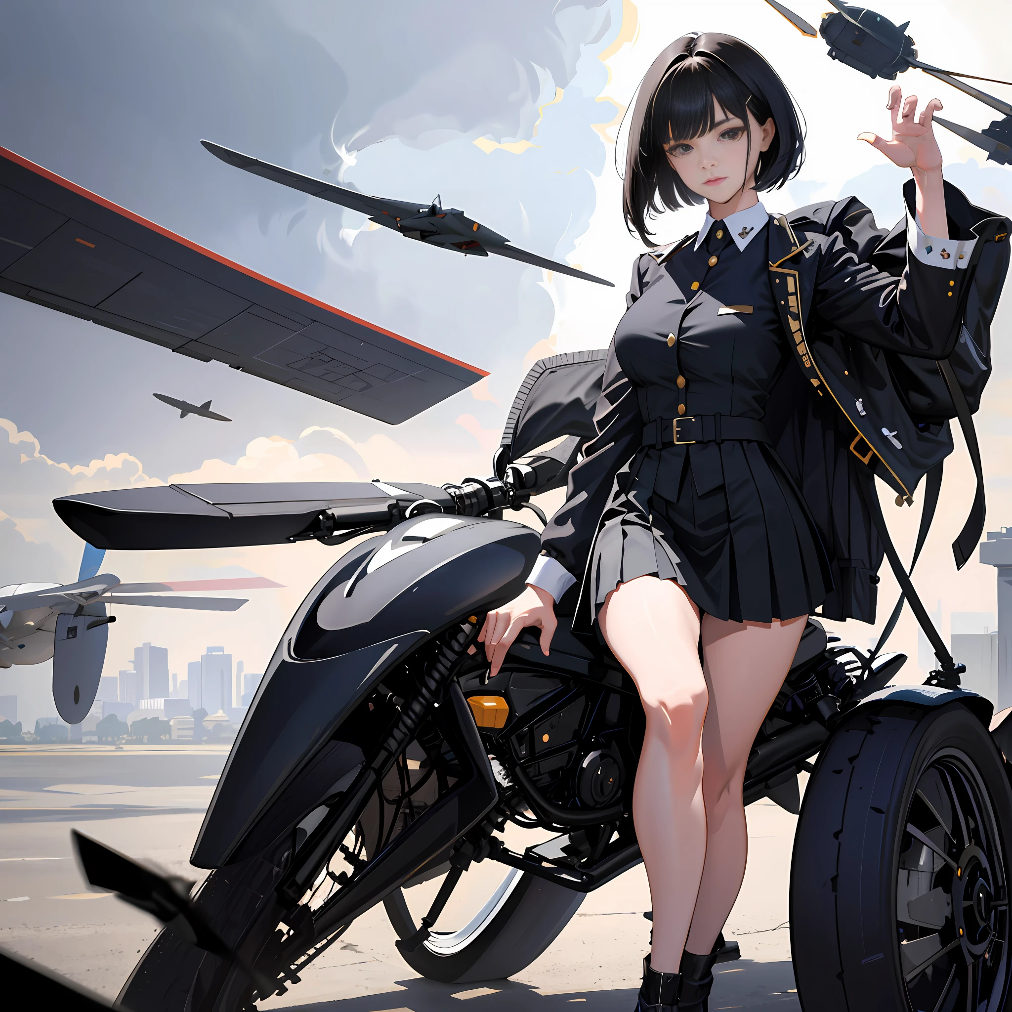 (highest resolution, distinct_image), highest quality, masterpiece, highly detailed, semi-realistic, short black-haired woman, mature woman, triple bangs, black uniform, black pleated skirt, military uniform, uniform, airbase, tarmac, fighter, air force, bomber
