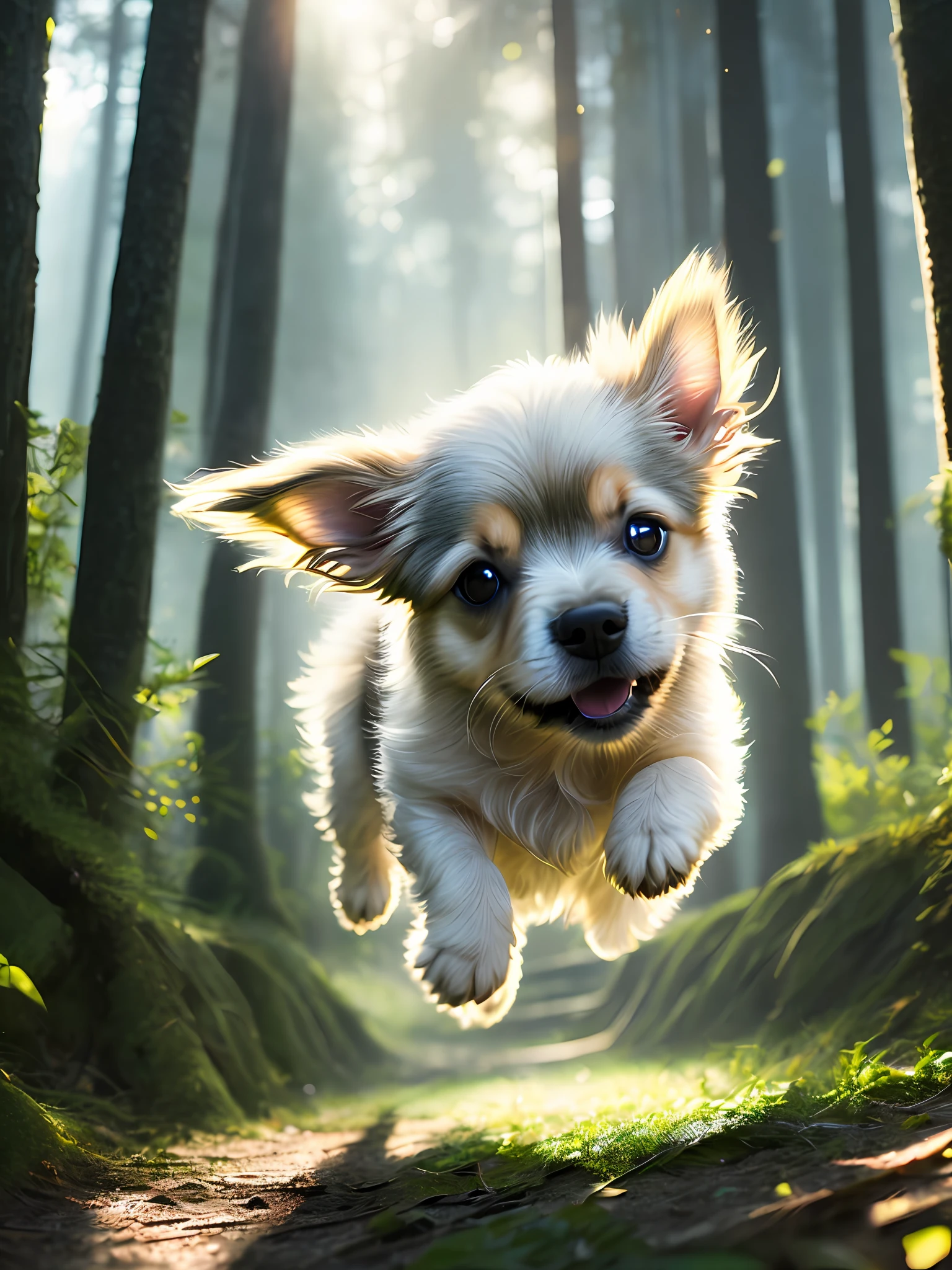 Close-up of a very cute jumping puppy in the forest, soft volumetric light, (backlight: 1.3), (movie: 1.2), intricate details, (ArtStation: 1.3) HD, 8K, ray tracing