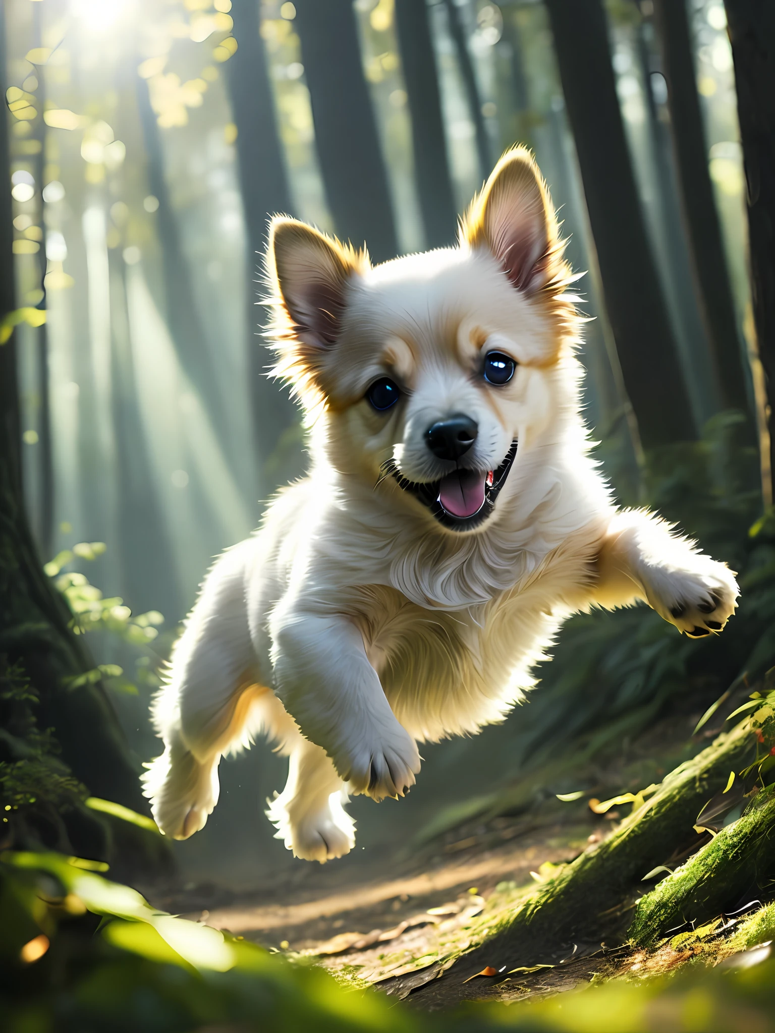 Close-up of a very cute jumping puppy in the forest, soft volumetric light, (backlight: 1.3), (movie: 1.2), intricate details, (ArtStation: 1.3) HD, 8K, ray tracing