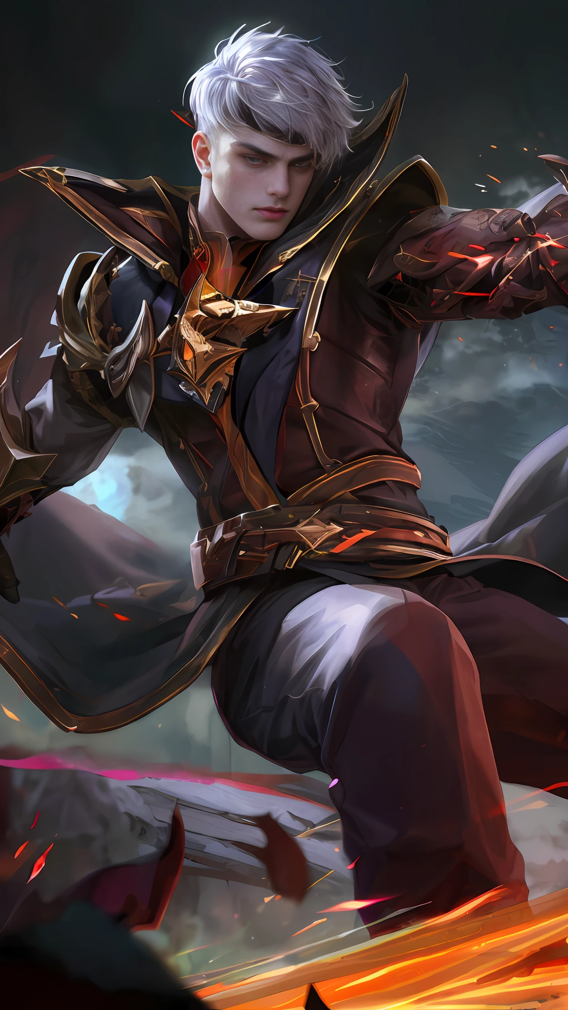 (Absurdres, Intricate Details, Masterpiece, Best Quality, High Resolution, 8k), 1 male, thin, young, aged up, masked, finely detailed eyes and face, auburn low-fade hair, amber eyes, portrait,  looking at viewer, solo, half shot, detailed background, (light fantasy theme:1.1),  focusing, mercenary,  sunshine, floating scraps,  color plate armor, divine aura, bright realistic lighting, marble castle, intense atmosphere, circlet, coat of arms,  brazier,  , Depth of Field, VFX. wear an eyepatch