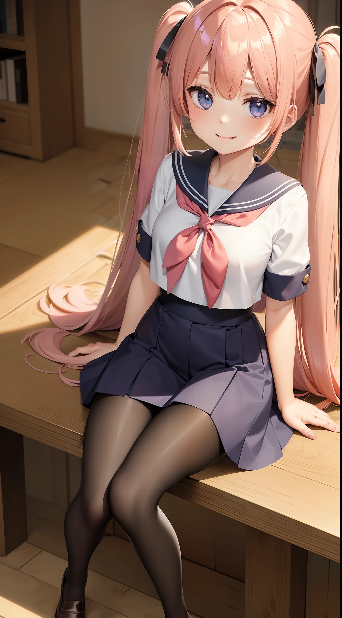 masterpiece, best quality, official art, extremely detailed CG Unity 8k wallpaper, solo, loli, pink hair, hime_cut, twintails, long hair, cute face, blue eye shadow, big, ((pantyhose)), (sailor shirt, skirt), loafers, ((sitting)), dynamic angle, smile, ((sexy)), long legs, tall, beautiful, leg perspective, foggy,(warm light),short sleeves