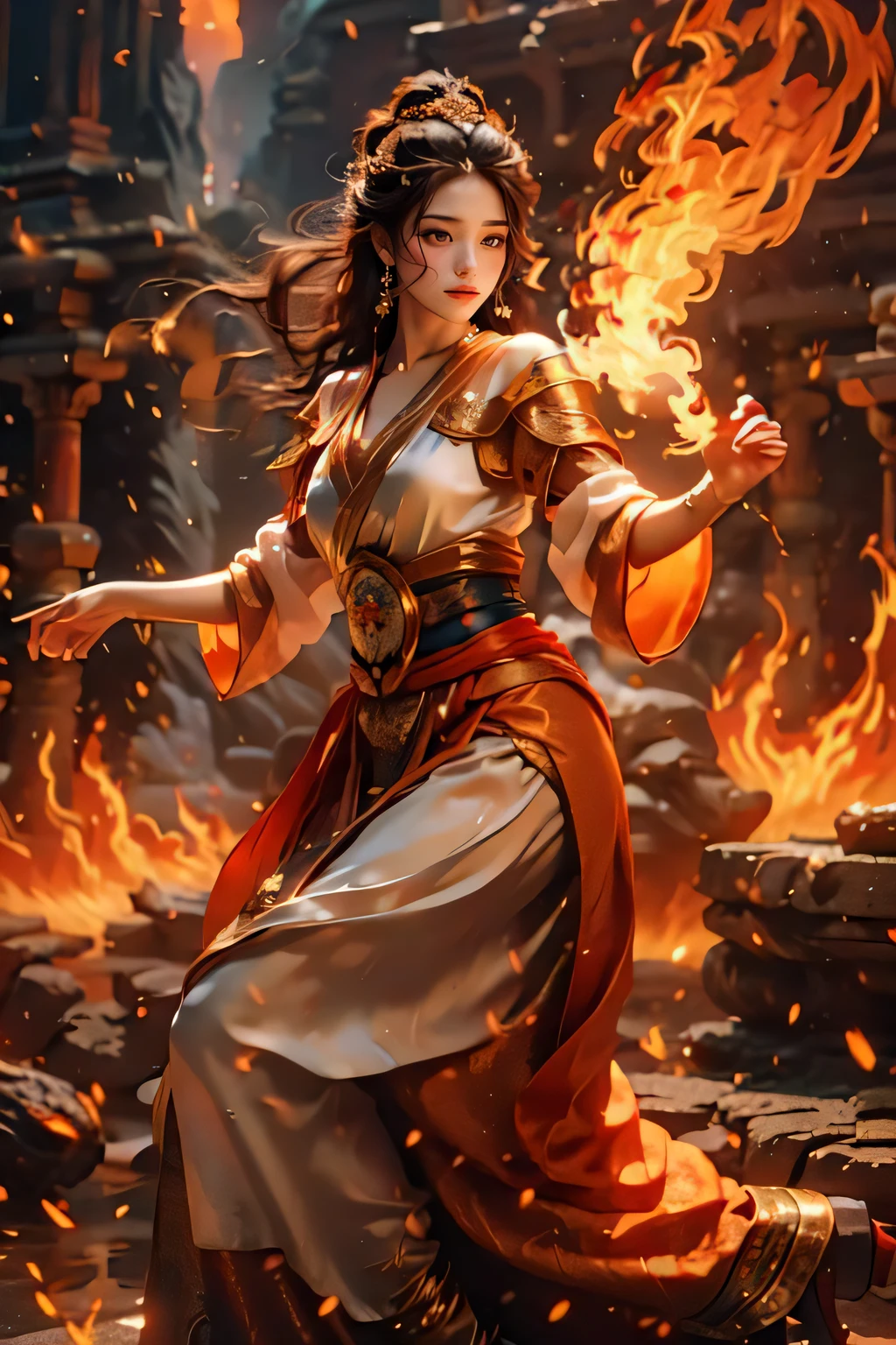 Best quality,masterpiece,ultra high res,(photorealistic:1.4)1girl,beautiful_face,detailed skin,full body,yuhuoshu,jewelry,solo,earrings,(fire:1.3),blurry,realistic,lips,