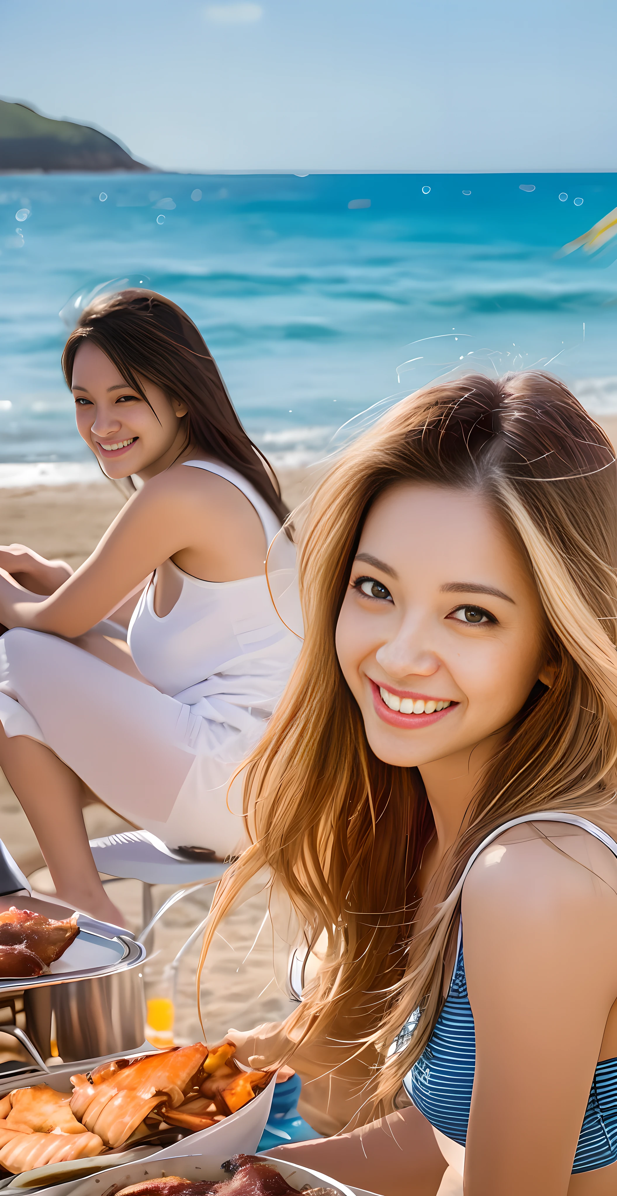 "Give a detailed description of beautiful women and men enjoying BBQ on the beach. Be as specific as possible about their appearance, dress, facial expressions, liveliness, etc. Also describe the scene where they enjoy the BBQ, the surrounding environment, and the seascape.
The beauty has a relaxed atmosphere worthy of a seaside, has a bright smile and healthy skin. Her hair flutters in the wind, and the shining sunlight enhances her luster. She chooses comfortable clothes and is probably wearing casual and cool outfits.
Men are lively and have a leading attitude for BBQ. He has a sporty appearance and may have a muscular build. He also chooses comfortable clothes and enjoys BBQ in a relaxed style such as t-shirts and shorts.
They cook the ingredients with smiles on their faces at the BBQ, and the aroma looks delicious. Sandy beaches and blue waters stretch around, and you can hear the sound of waves in the distance. They feel in harmony with the seaside nature while having fun with friends and family.
In this way, if you provide a specific description of a beautiful woman and a man enjoying BBQ by the sea, we can proceed based on that. Talk about the fun atmosphere, the oceanscape, their relationships and activities."