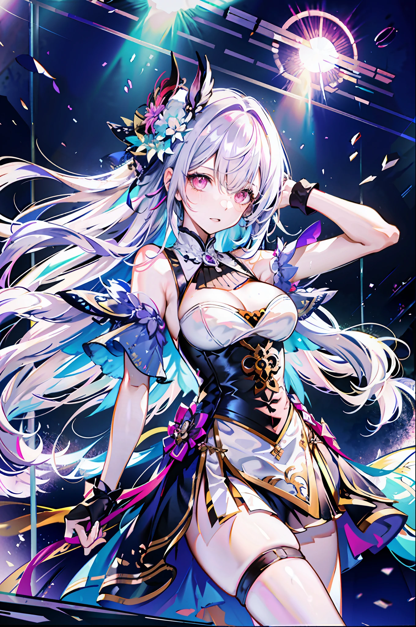 (best quality, detailed background, highres, absurdres, bloom, disheveled hair, shiny hair, exposed in lighting, bright pupils),
1girl, focus on leg, earpiece, long hair, silver hair, large_breasts, action_pose, standing,  arms behind back, stage, spotlight, glass ceiling,
shenhe \(genshin impact\), hair_ornament, hair over one eye,  designer dress,  dutch_angle, upper body,