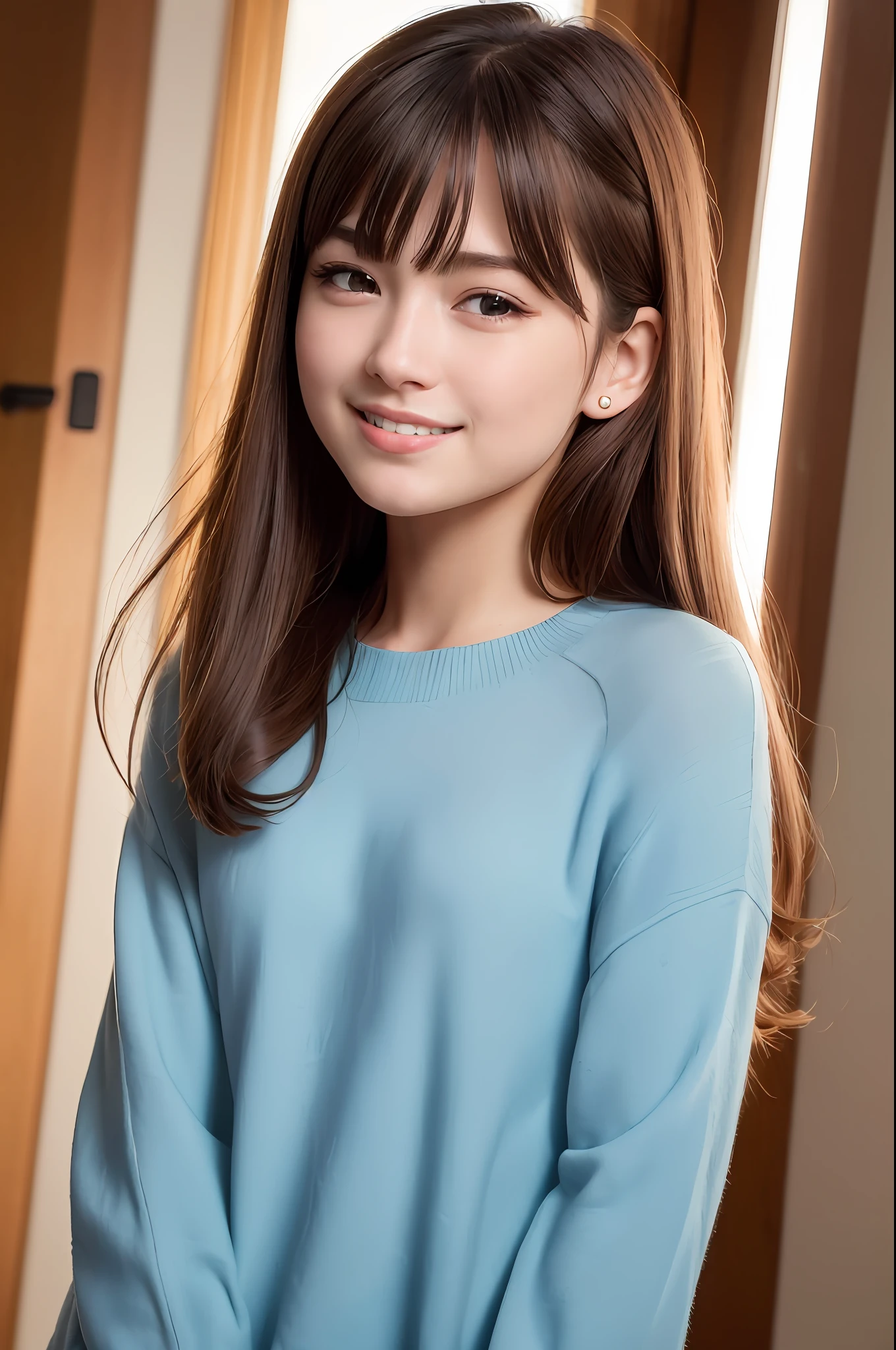 (8K, Best Quality, Masterpiece: 1.2), (Realistic, Photorealistic: 1.37), Super Detail, 1 Girl, Cute, Solo, (Redness of the Nose), (Smile: 1.15), (Mouth Closed) Small, Beautiful Eyes, (Long Hair: 1.2), Floating Hair Novafrog style, slim upper body,