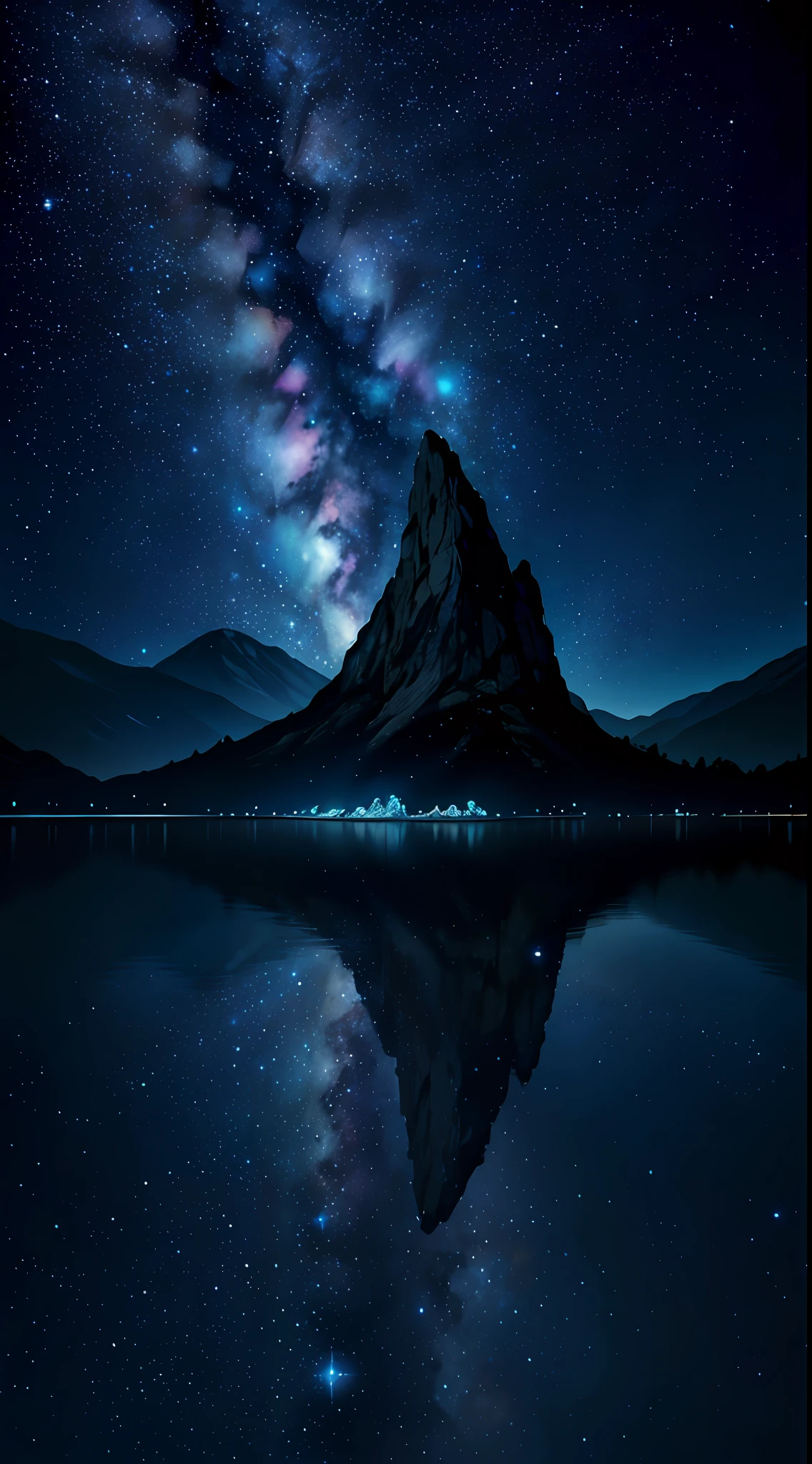 silence, (scenery, starry sky in water mirror, large lake:1.2), masterpiece, best quality, HDR, mountain range, darkness, nebula, particle, perspective, cinematic shadow, sharp focus, highres, photography, realistic, highest detailed, extreme detailed, ultra detailed, finely detail, starry sky