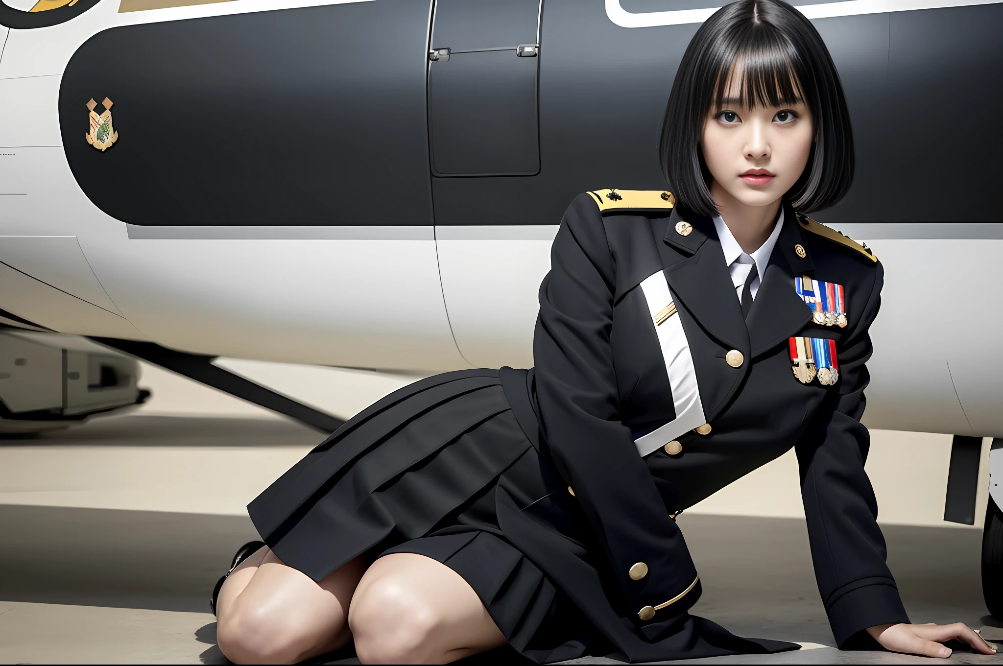 (highest resolution, distinct_image), highest quality, masterpiece, highly detailed, semi-realistic, short black-haired woman, mature woman, triple bangs, black uniform, black pleated skirt, military uniform, uniform, airbase, tarmac, fighter, air force, bomber