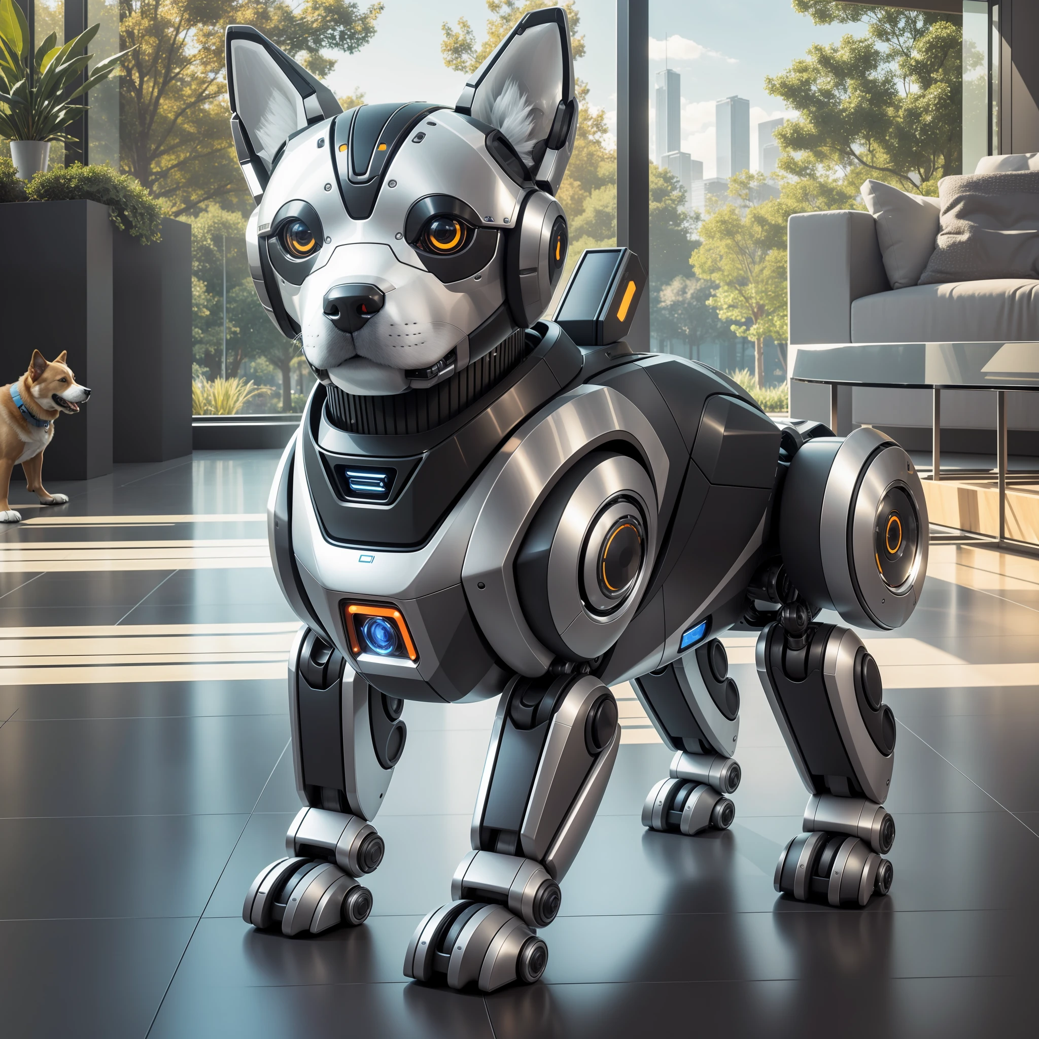 Imagine the delightful presence of a robot dog, a charming fusion of companionship, loyalty, and advanced technology. The prompt aims to generate an image that captures the essence of this extraordinary robotic creature.

Design the robot dog with a sleek and modern appearance, combining robotic components with the endearing qualities of a real dog. Incorporate metallic elements, articulated limbs, and expressive features that highlight its robotic nature while conveying the warmth and playfulness of a dog.

Position the robot dog in a friendly and inviting pose, showcasing its ability to interact and bond with humans. Capture its attentive gaze, wagging tail, or playful stance, conveying its companionship and willingness to engage with its surroundings.

Experiment with lighting techniques to accentuate the metallic surfaces and create an inviting ambiance. Utilize soft and warm lighting to evoke a sense of coziness and highlight the robot dog's details, adding depth and visual interest to the image.

Compose the image to depict the robot dog in a setting that reflects its role as a companion. Consider placing it in a cozy living room, a park filled with laughter, or a futuristic cityscape, emphasizing the fusion of technology and the emotional connection it forms with humans.

Select an aspect ratio of 16:9 to provide a cinematic view of the robot dog, allowing viewers to appreciate its details and the emotions it evokes.

Capture the essence of the robot dog's companionship, loyalty, and technological innovation. Evoke a sense of joy and affection, showcasing the seamless integration of robotics and the unconditional love associated with a beloved canine companion in this extraordinary creation.