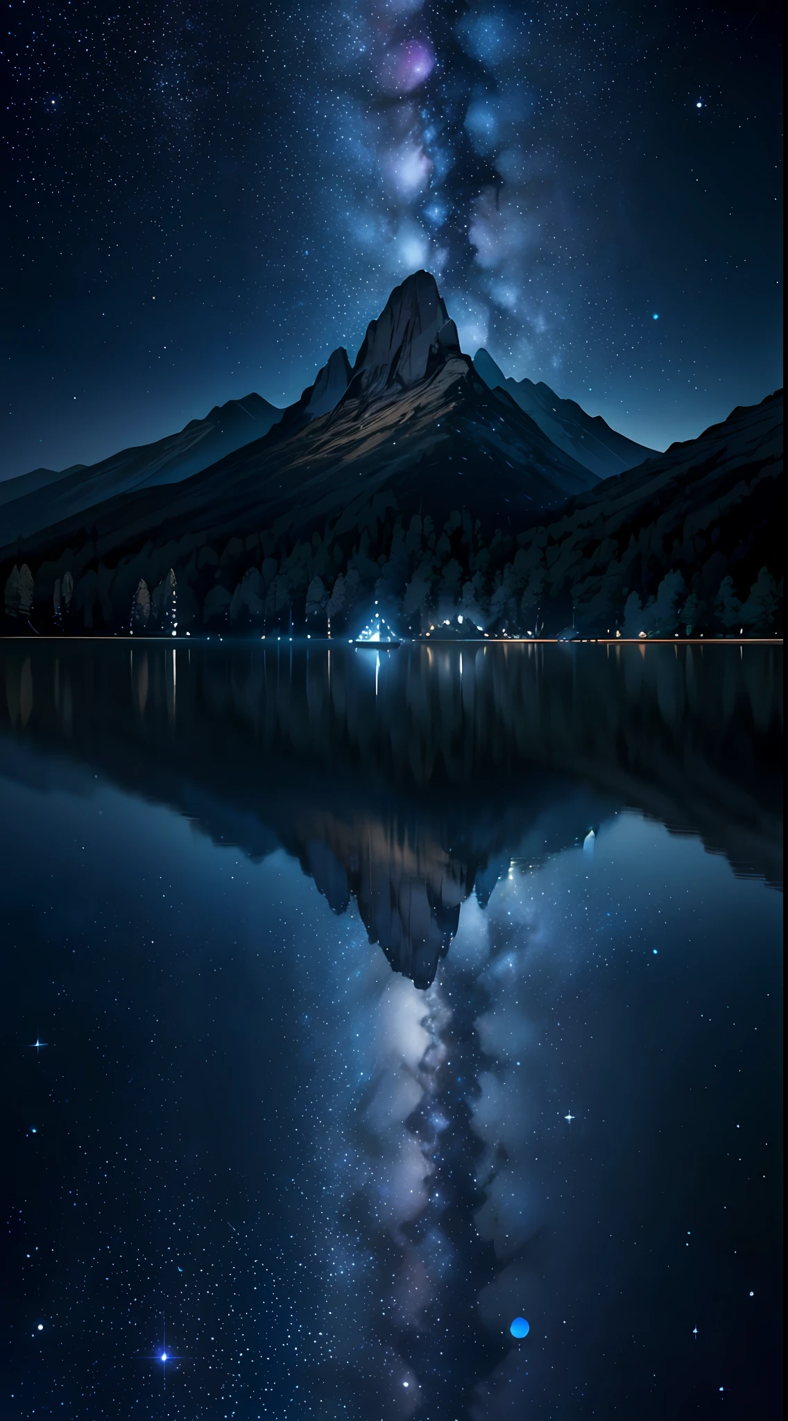 silence, (scenery, starry sky in water mirror, large lake:1.2), masterpiece, best quality, HDR, rocks, mountain range, darkness, nebula, particle, perspective, cinematic shadow, sharp focus, highres, photography, realistic, highest detailed, extreme detailed, ultra detailed, finely detail, starry sky