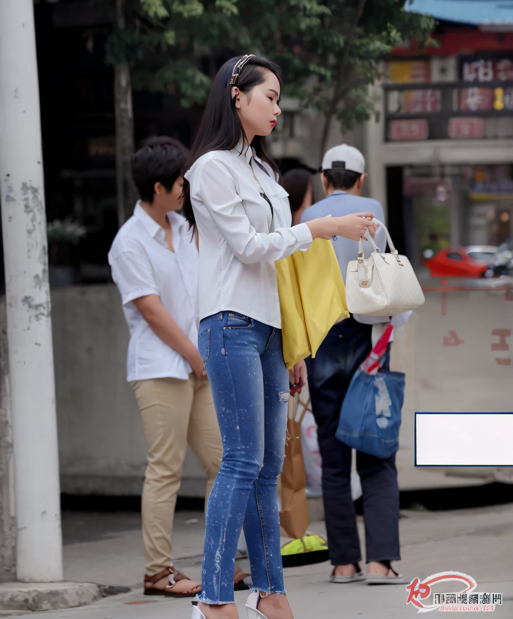 woman in white shirt and jeans standing on sidewalk with handbag, uhd candid photo of dirty, tight blue jeans and cool shoes, ( ( ( wearing jeans ) ) ), street fashion, chinese woman, illustration], skinny waist and thick hips, standing in street, candid shot, wearing jeans, chinese girl, on the street, on the street, checking her phone