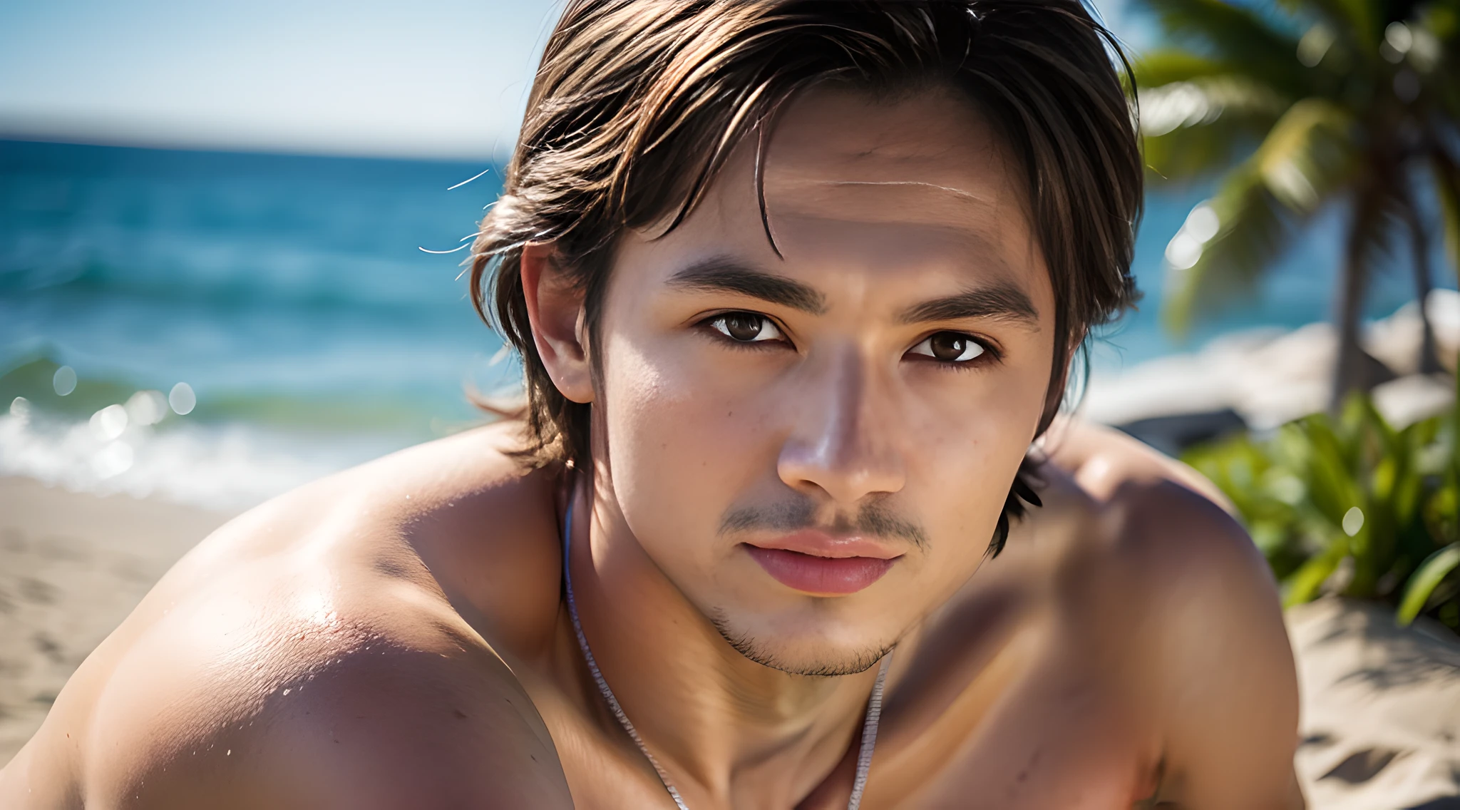 (man), handsome and muscular boy, beach, white swimsuit, (smile), face like Alain Delon when young, upper body, (high detail: 1 in 1), natural skin, high quality, beautiful eyes, (detailed face and eyes), (face: 1 2), noise, real photo, PSD, sharp focus, high resolution 8K, realistic and professional photo, 8K UHD, soft lighting, high quality, film grain, Fujifilm XT3