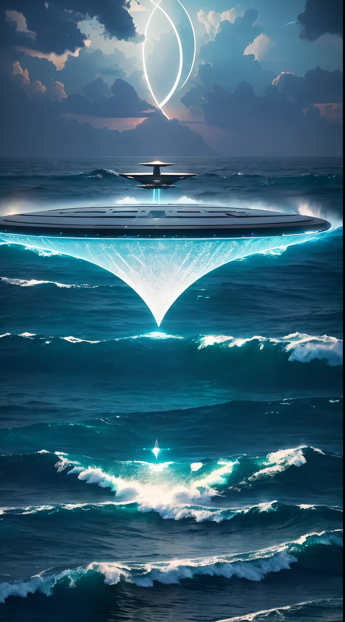 Imagine majestic spaceships floating above the waves, emitting an enigmatic light that illuminates the dark of night. Convey a sense of mystery and fascination, combining surreal elements with the immensity of the ocean., 8K, octane render, ultrarealistic, photorealistic