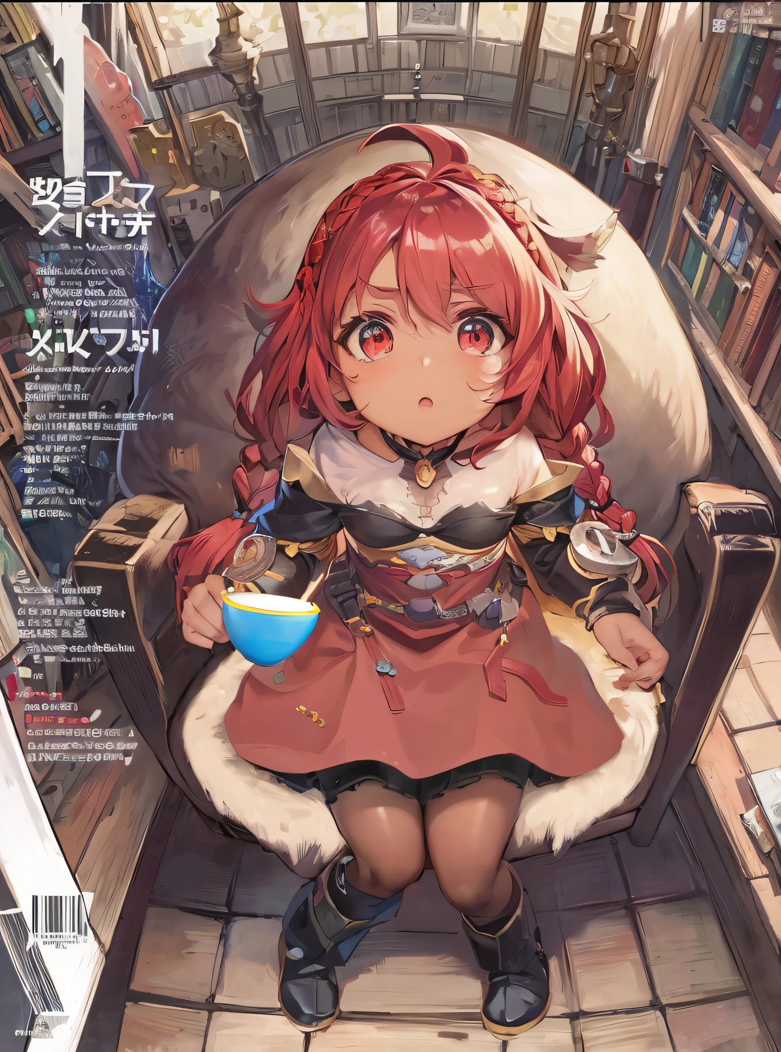 anime girl sitting on chair with coffee cup in hand, alchemist girl, light novel cover art, official art, epic light novel art cover, official artwork, epic light novel cover art, loli, isekai, small curve loli, kushat krenz, kushat kurenz key art feminine, Shadowverse style, moe dwarf,