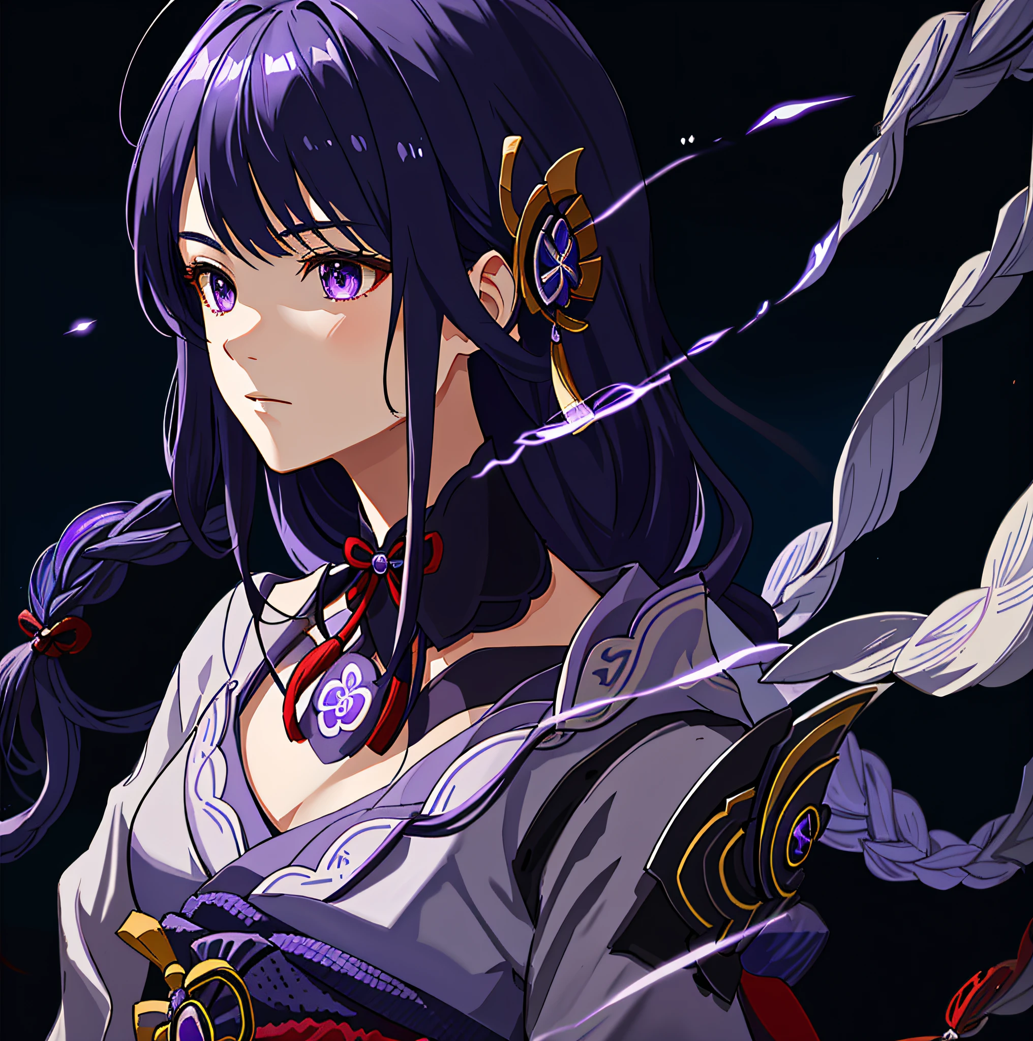 Portrait of Raiden Shogun, depicting her head and shoulders, with flowing locks that emit radiant blue light. The background is a mix of dark purple and black, with volumetric lighting casting an ethereal glow on the shogun's features.