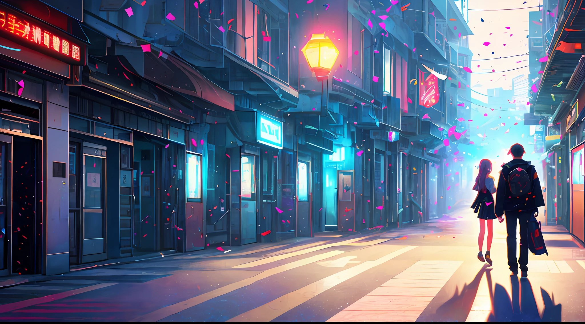 (masterpiece), (best illustration), anime background, high school hallway , semi realistic, ring lighting , rim lighting, cinematic, cyberpunk:1, confetti falling, (extremely detailed CG unity 8k wallpaper),(masterpiece), (best quality), (ultra-detailed), (best illustration),(best shadow),perfect lighting , perfect anatomy , vivid colors, BgAniDusk