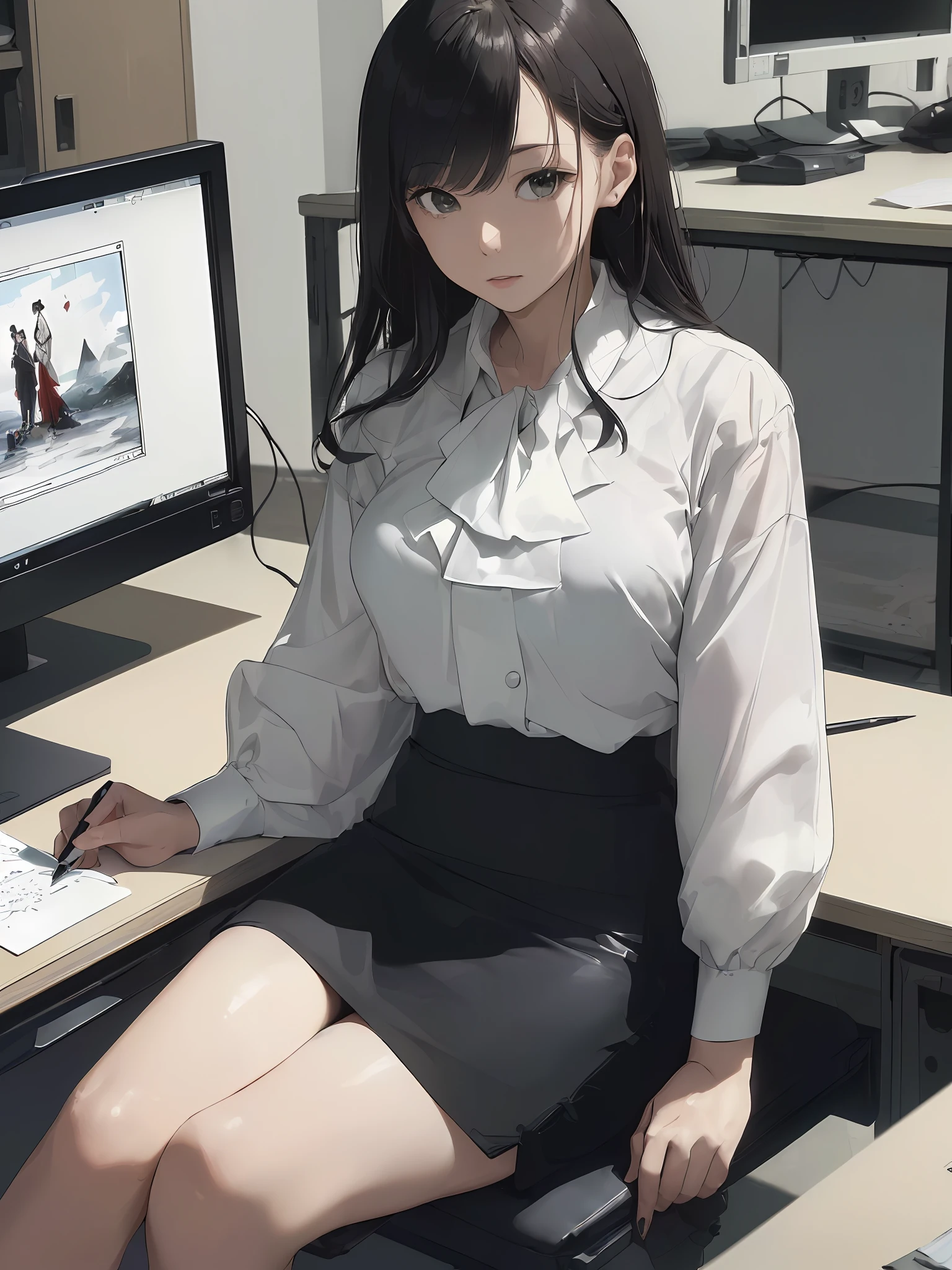 (((Masterpiece, Best Quality, High Definition, High Detail)))), (((Modern Japan)))), Alone, (((((OL)))), Destruction, (Sitting in a chair in the office and entering data on a PC on a desk), Destruction, ((White blouse)), Destruction, (Black pencil skirt with slit), ((Big))